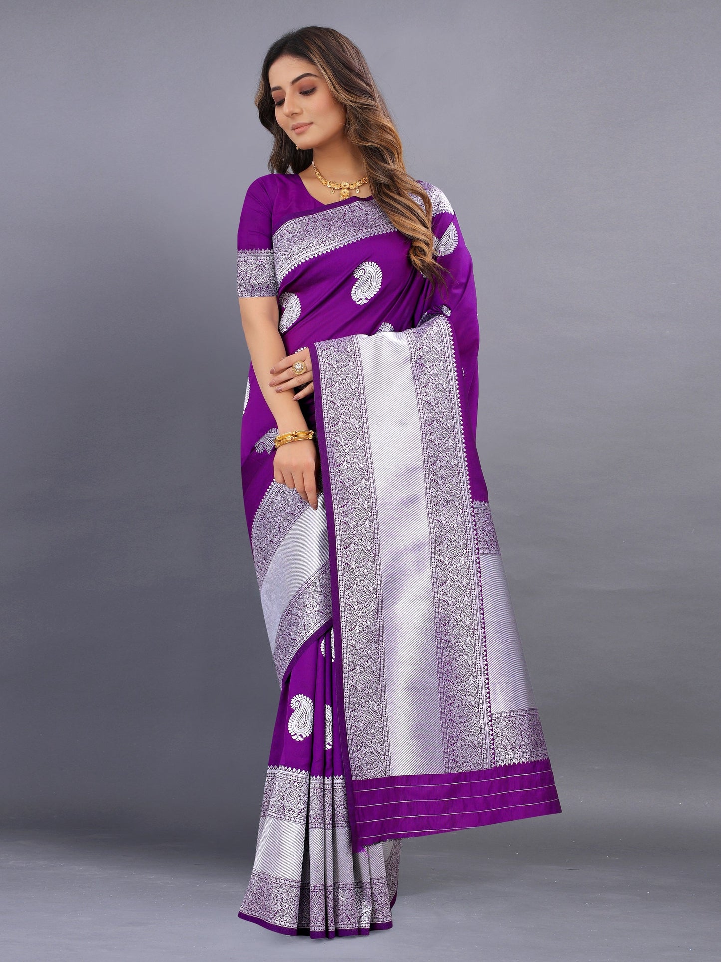 Vedant Vastram Soft Litchi Silk Banarasi Silk Saree - Purple | Swadesiicart