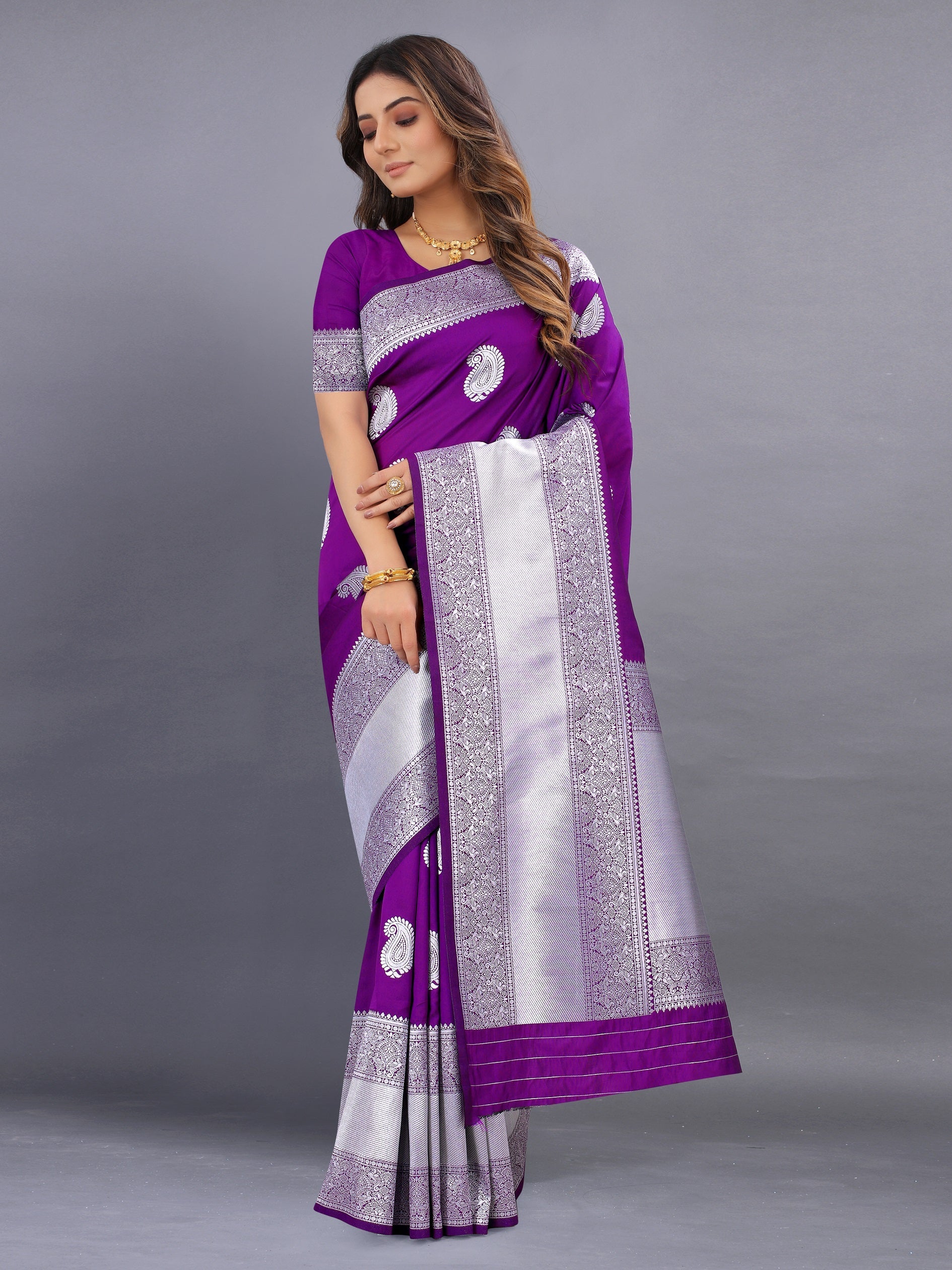 Vedant Vastram Soft Litchi Silk Banarasi Silk Saree - Purple | Swadesiicart