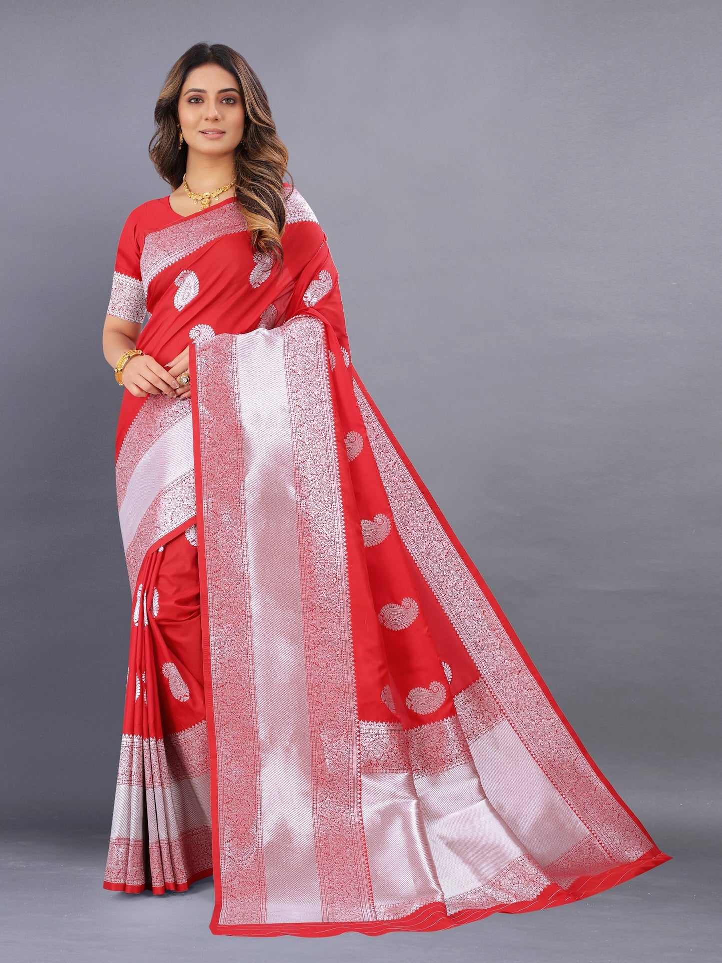 Vedant Vastram Soft Litchi Silk Banarasi Silk Saree - Red | Swadesiicart