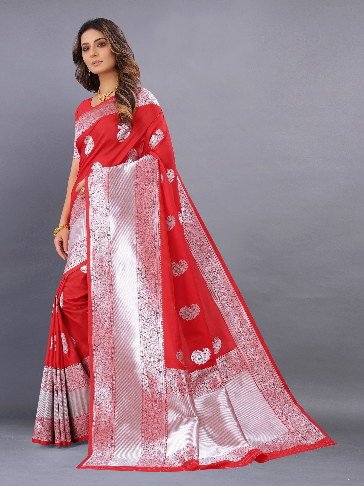 Vedant Vastram Soft Litchi Silk Banarasi Silk Saree - Red | Swadesiicart