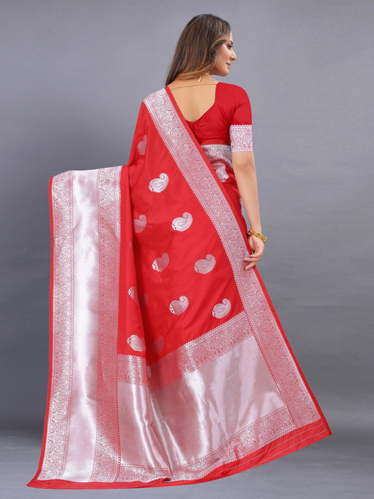 Vedant Vastram Soft Litchi Silk Banarasi Silk Saree - Red | Swadesiicart