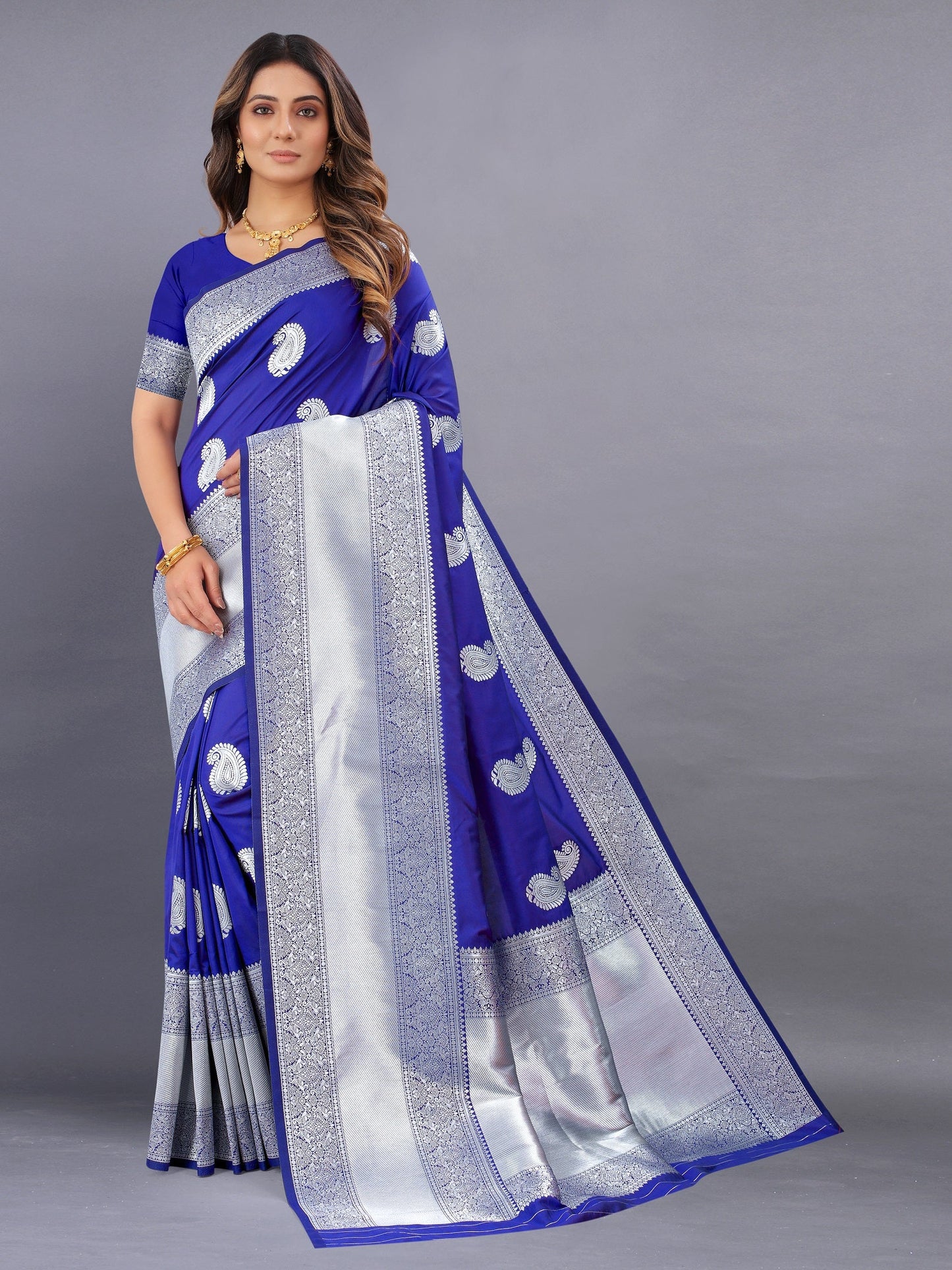 Vedant Vastram Soft Litchi Silk Banarasi Silk Saree - Royal Blue | Swadesiicart