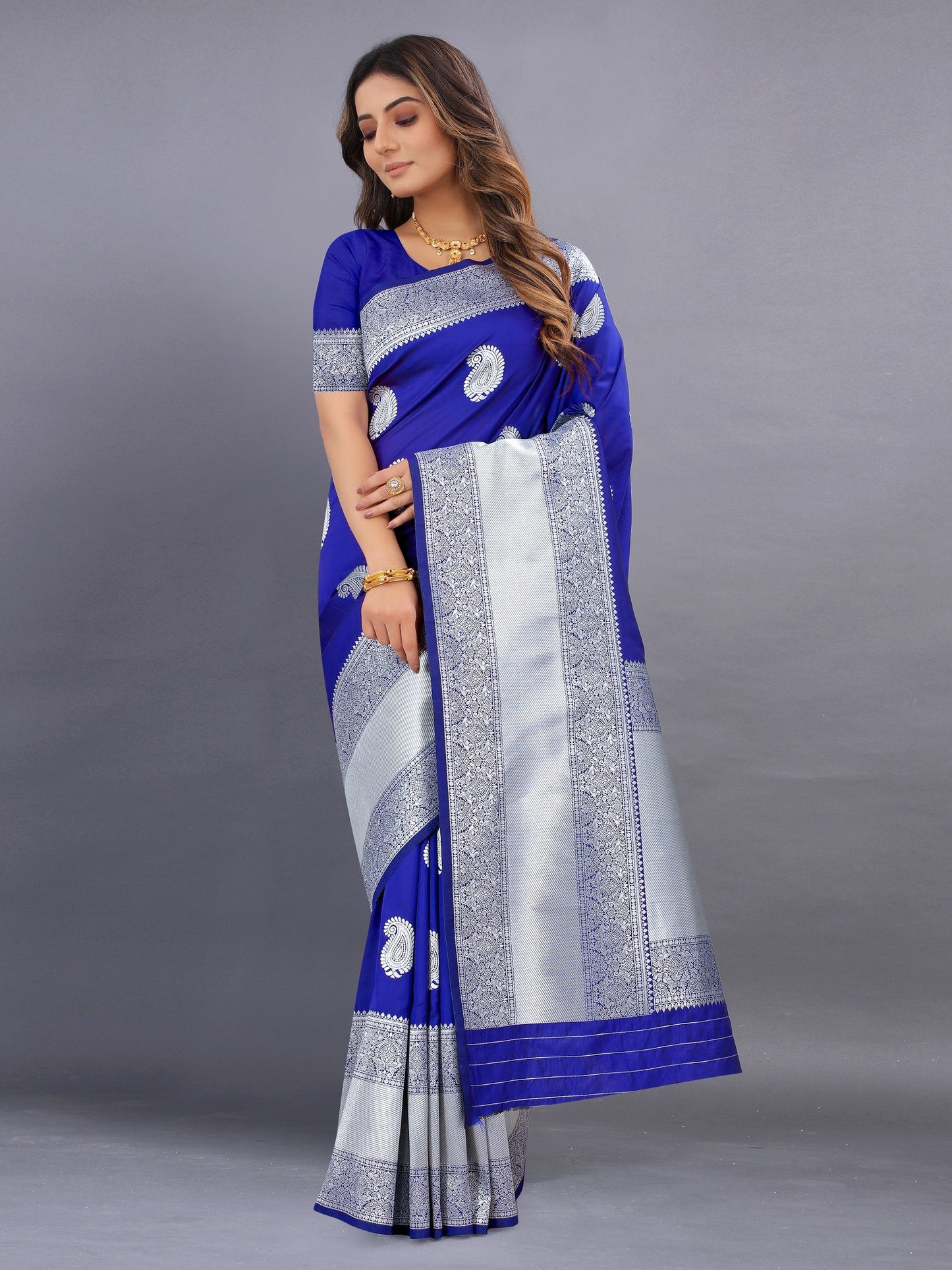 Vedant Vastram Soft Litchi Silk Banarasi Silk Saree - Royal Blue | Swadesiicart
