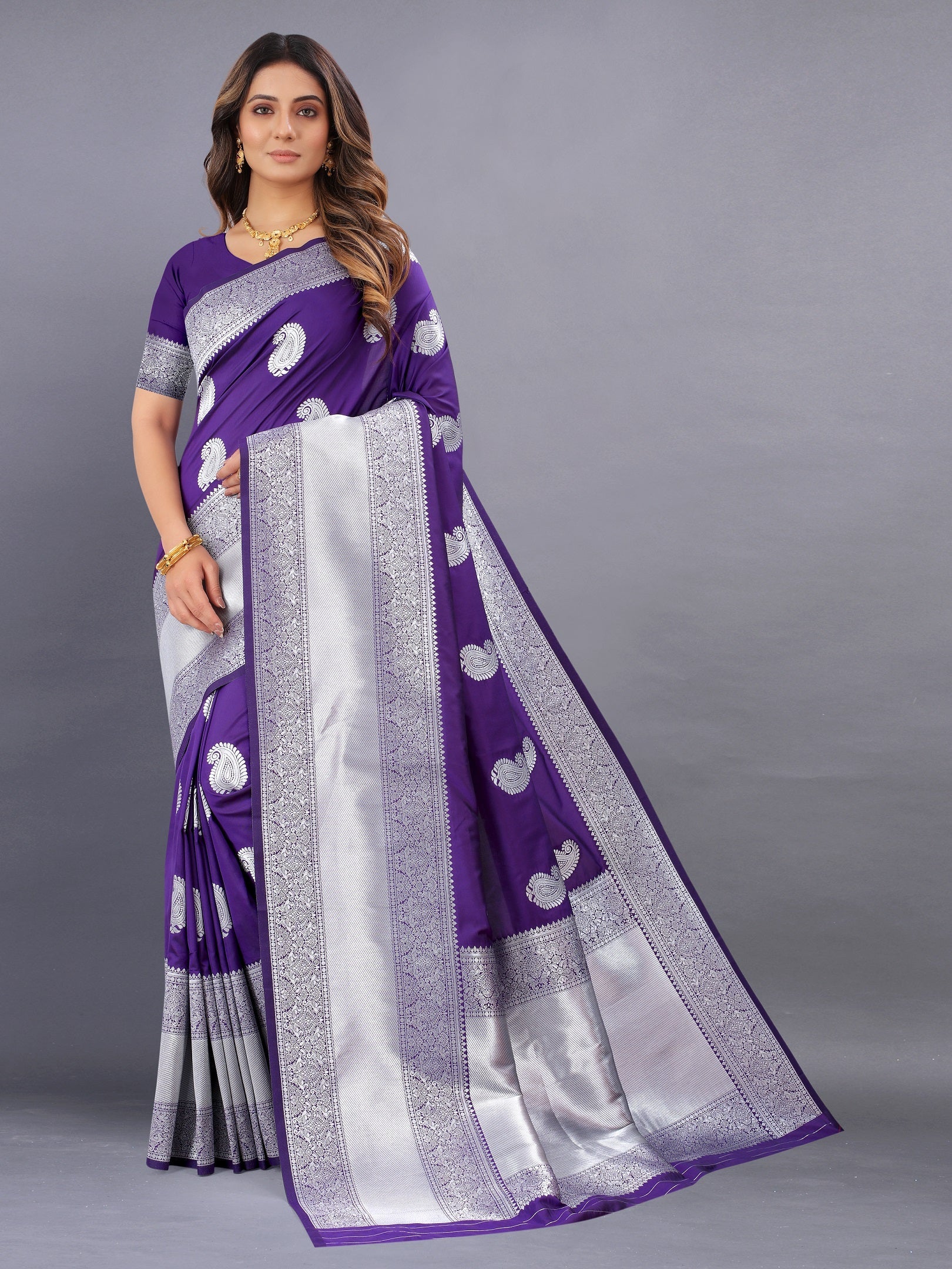 Vedant Vastram Soft Litchi Silk Banarasi Silk Saree - Violet | Swadesiicart