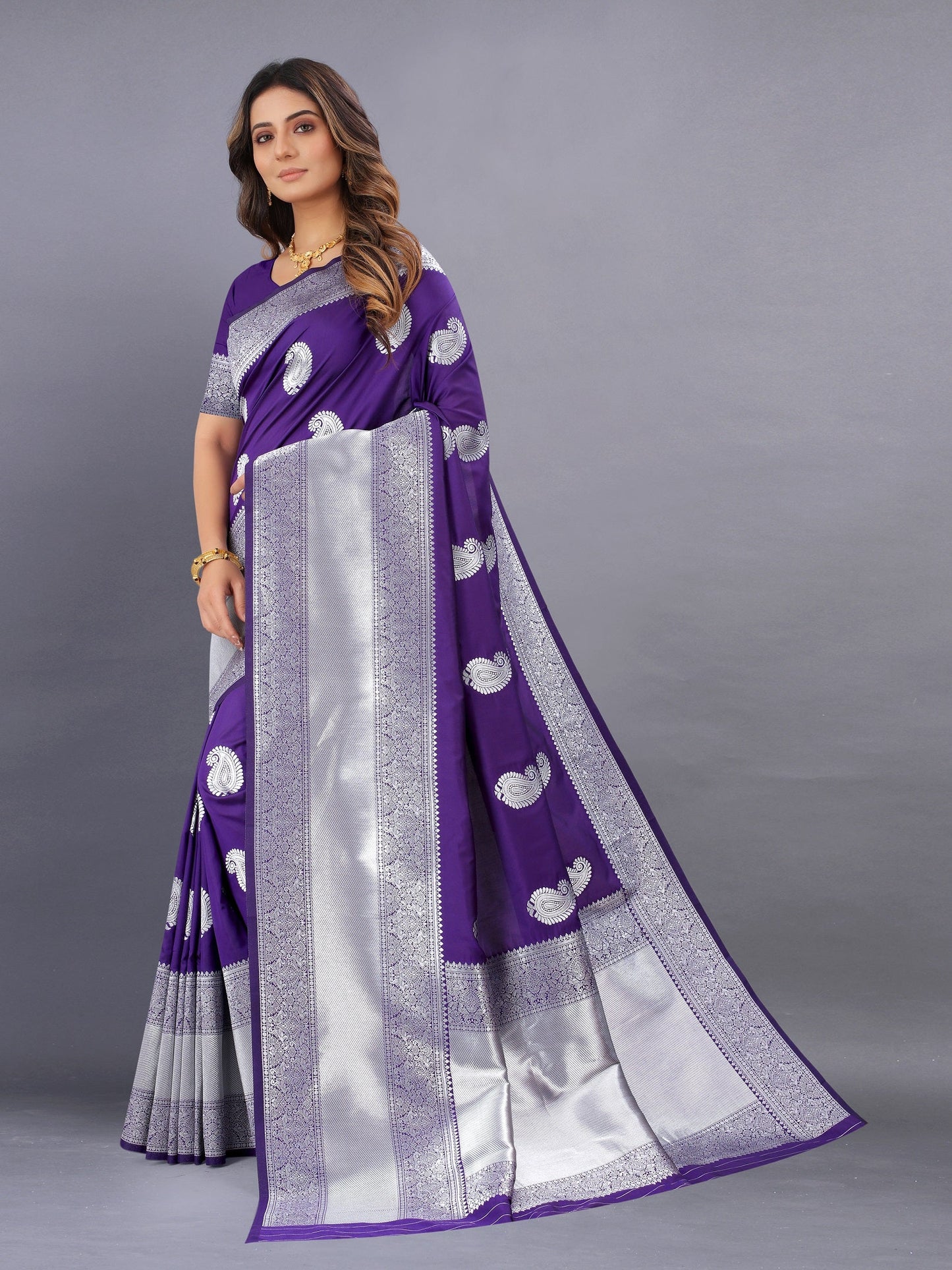 Vedant Vastram Soft Litchi Silk Banarasi Silk Saree - Violet | Swadesiicart