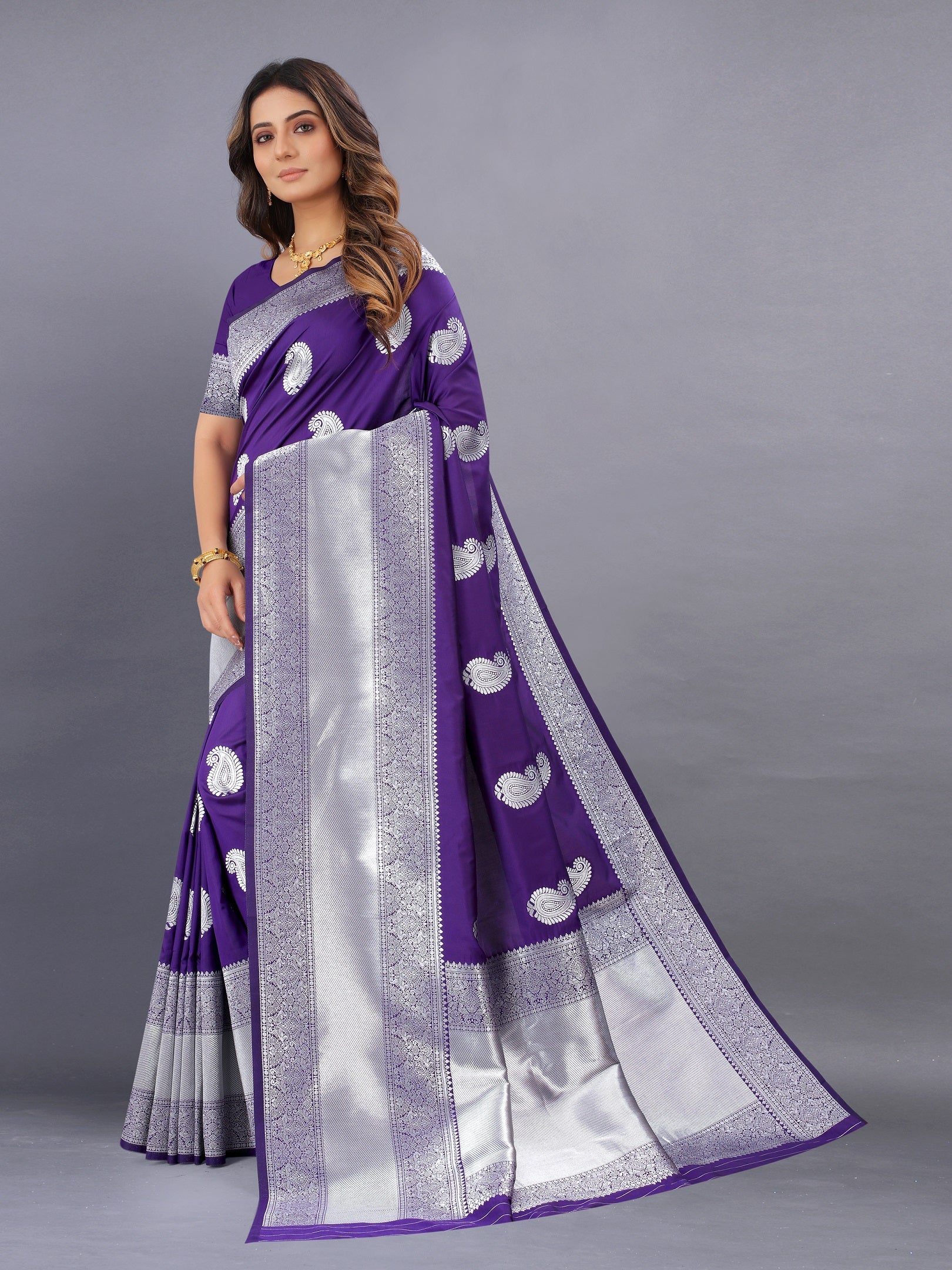 Vedant Vastram Soft Litchi Silk Banarasi Silk Saree - Violet | Swadesiicart
