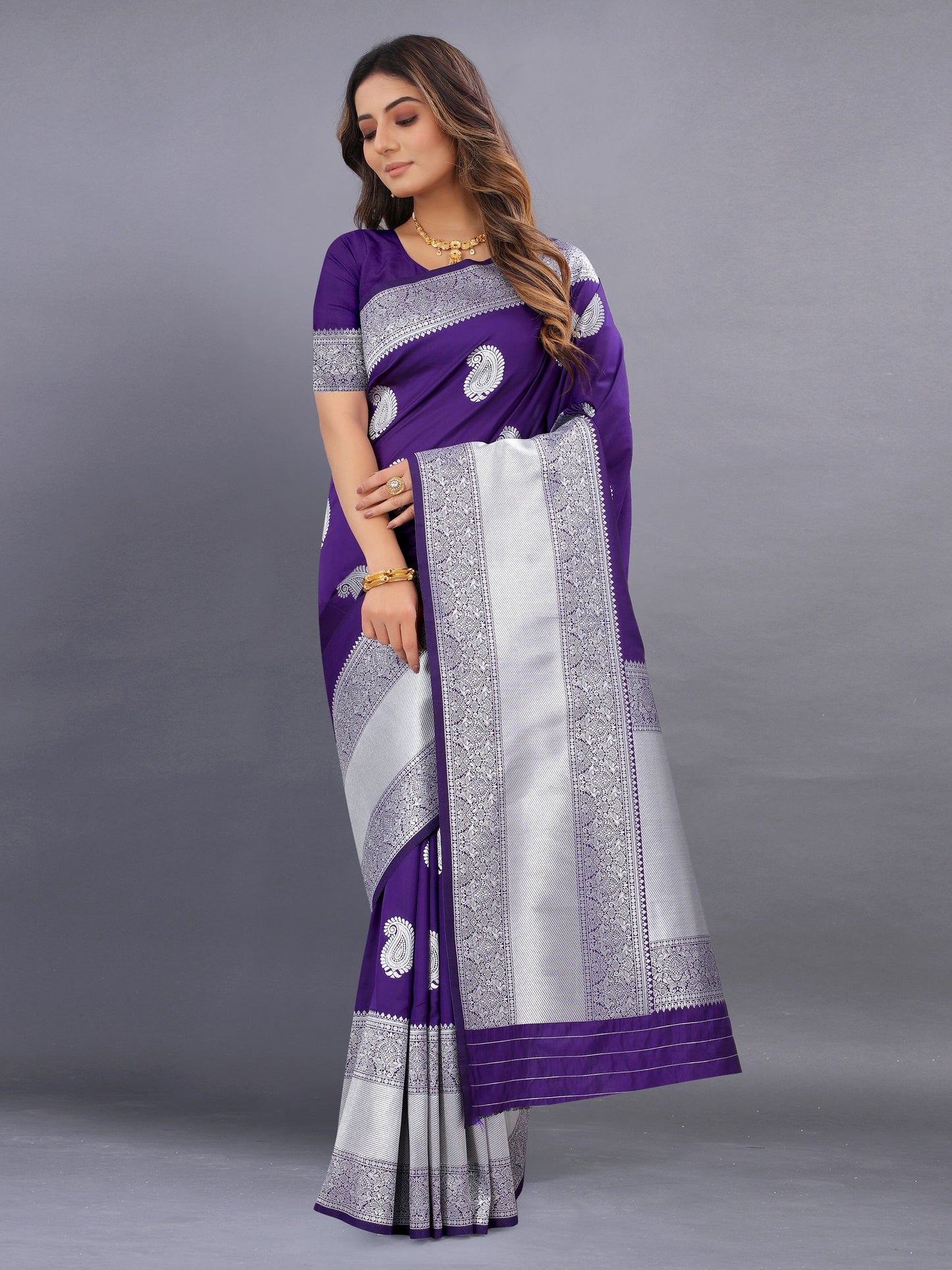Vedant Vastram Soft Litchi Silk Banarasi Silk Saree - Violet | Swadesiicart