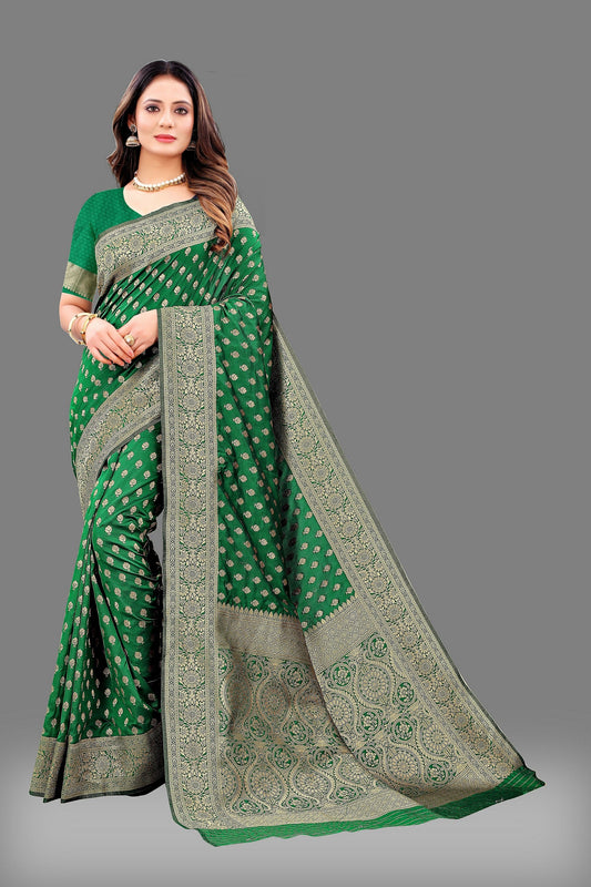 Vedant Vastram Soft Litchi Silk Banarasi Silk Saree - Green | Swadesiicart