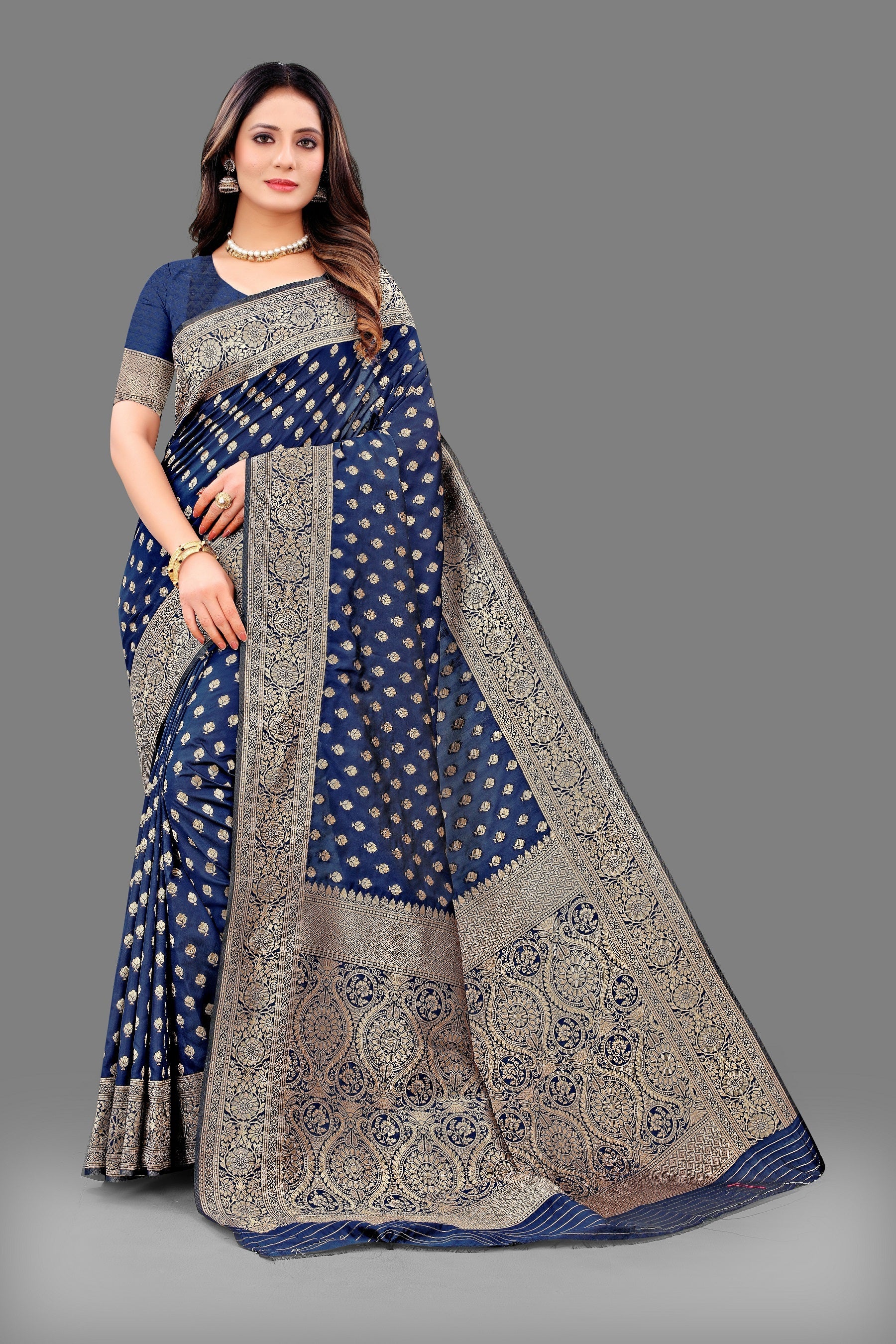 Vedant Vastram Soft Litchi Silk Banarasi Silk Saree - Navy | Swadesiicart