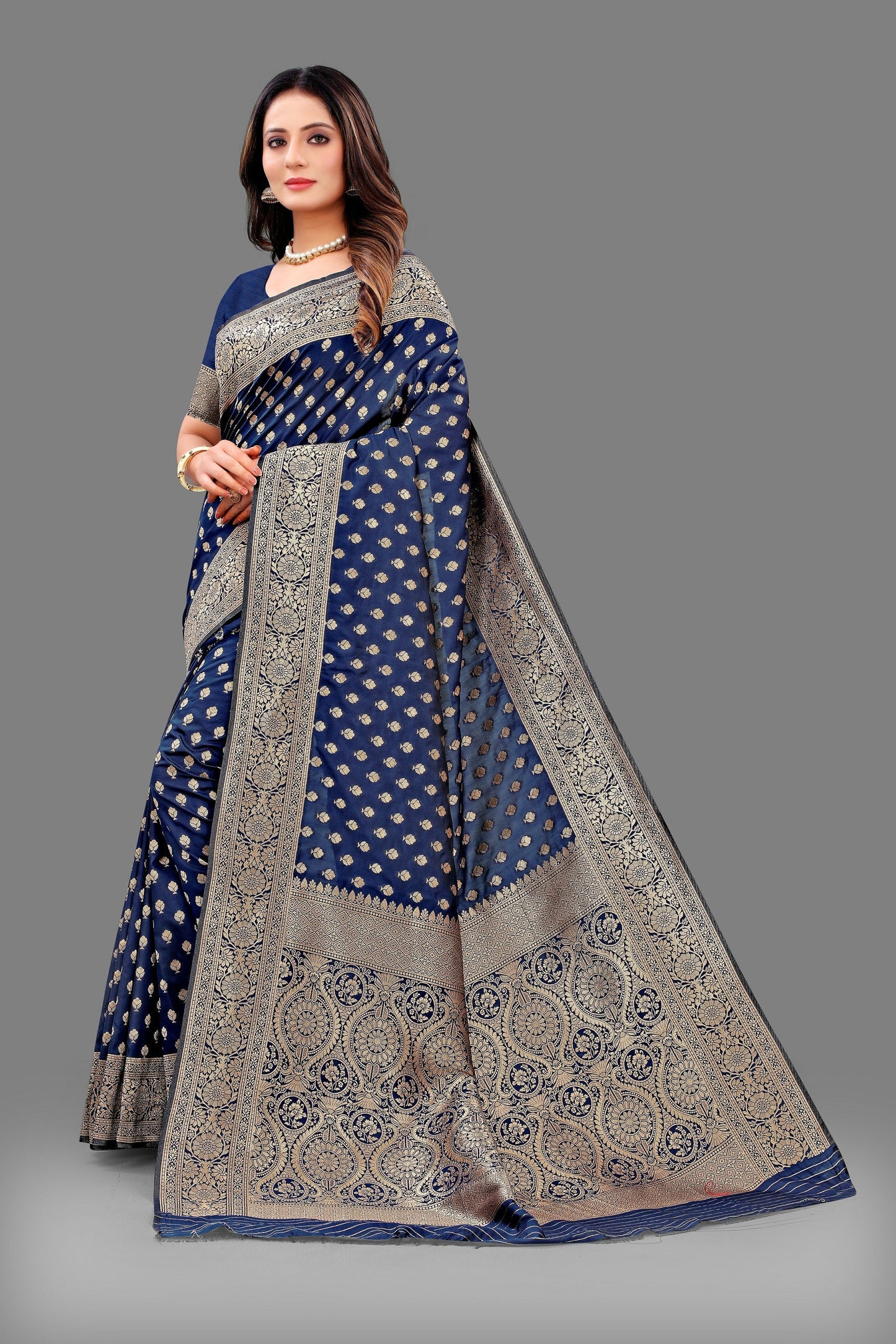 Vedant Vastram Soft Litchi Silk Banarasi Silk Saree - Navy | Swadesiicart