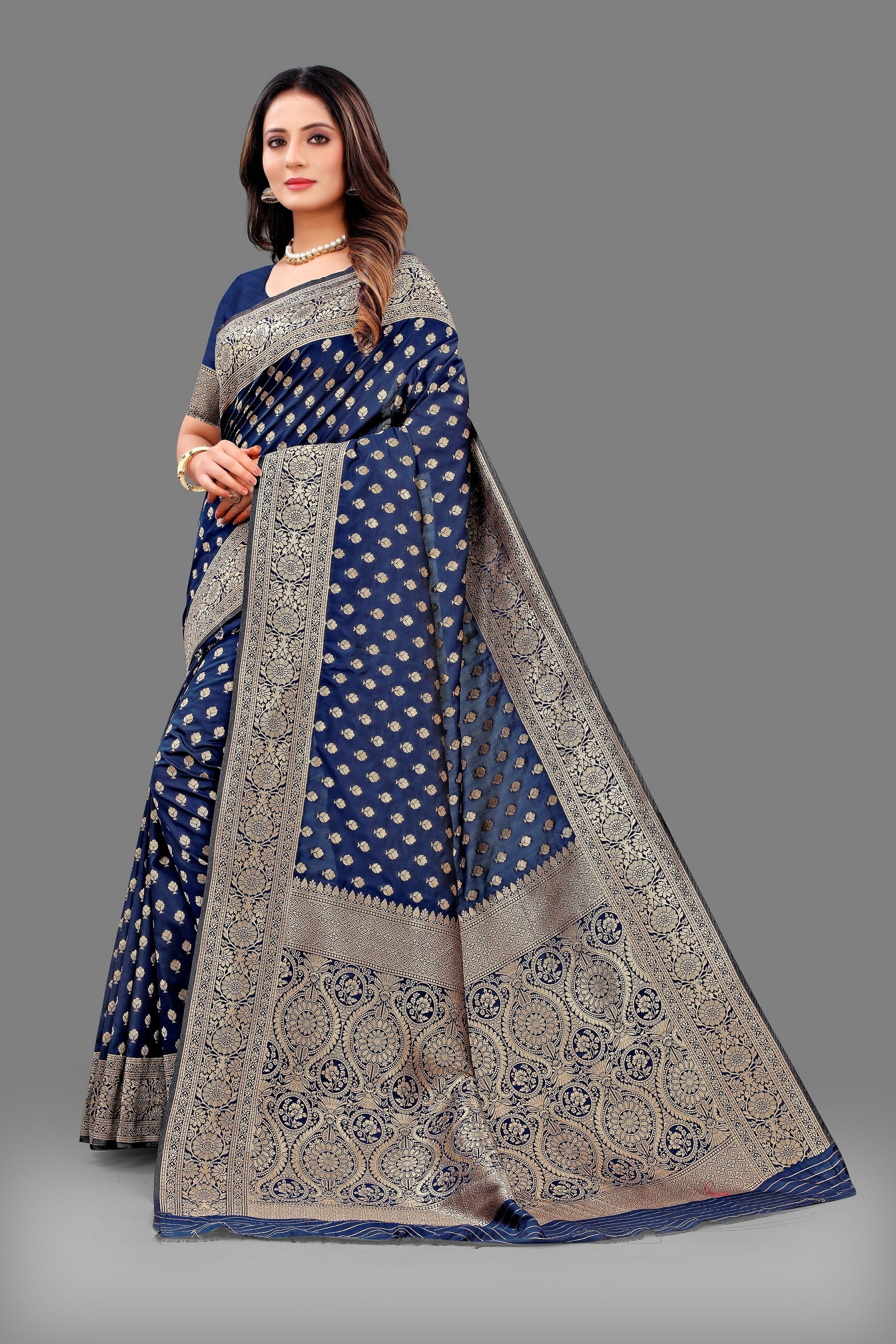 Vedant Vastram Soft Litchi Silk Banarasi Silk Saree - Navy | Swadesiicart