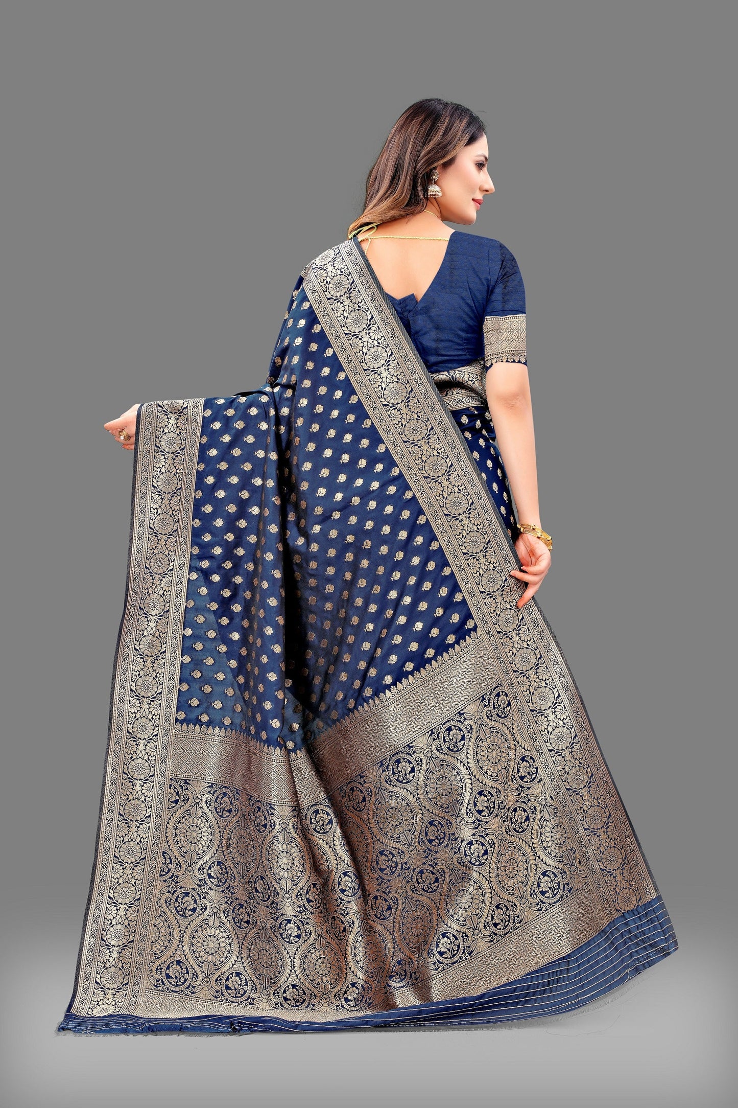 Vedant Vastram Soft Litchi Silk Banarasi Silk Saree - Navy | Swadesiicart