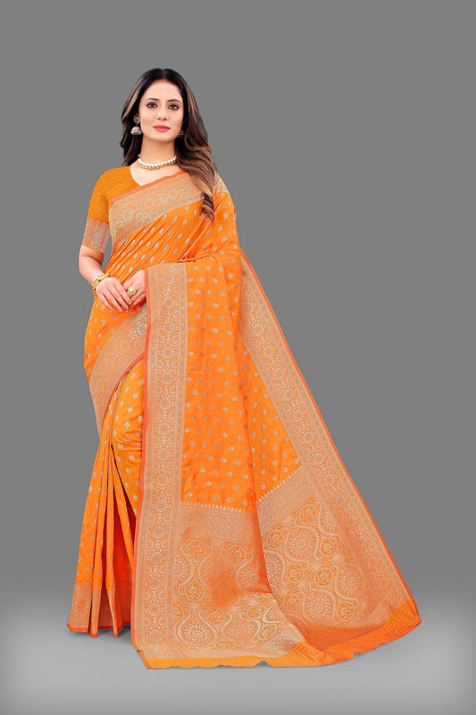 Vedant Vastram Soft Litchi Silk Banarasi Silk Saree - Orange | Swadesiicart