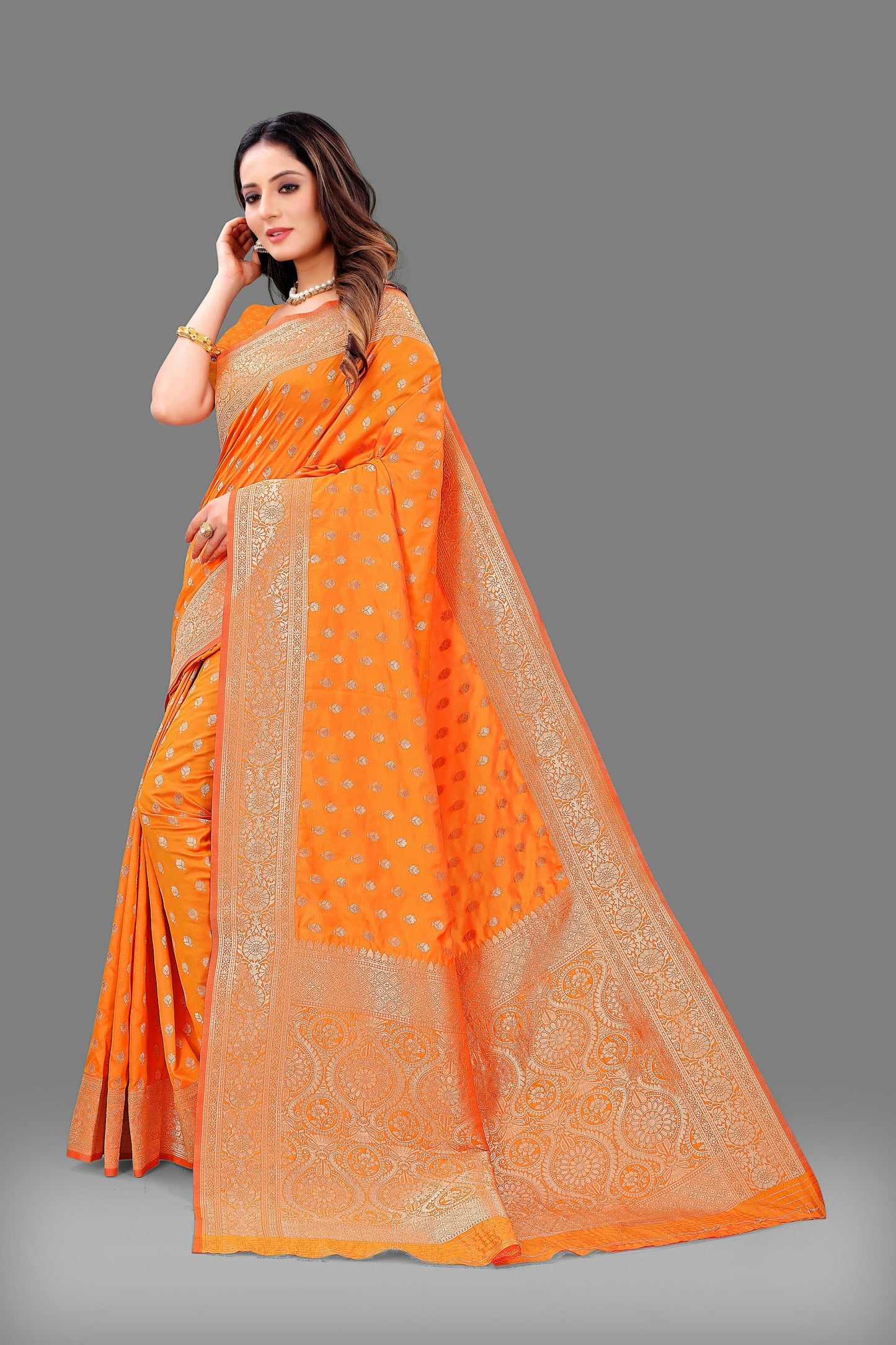 Vedant Vastram Soft Litchi Silk Banarasi Silk Saree - Orange | Swadesiicart