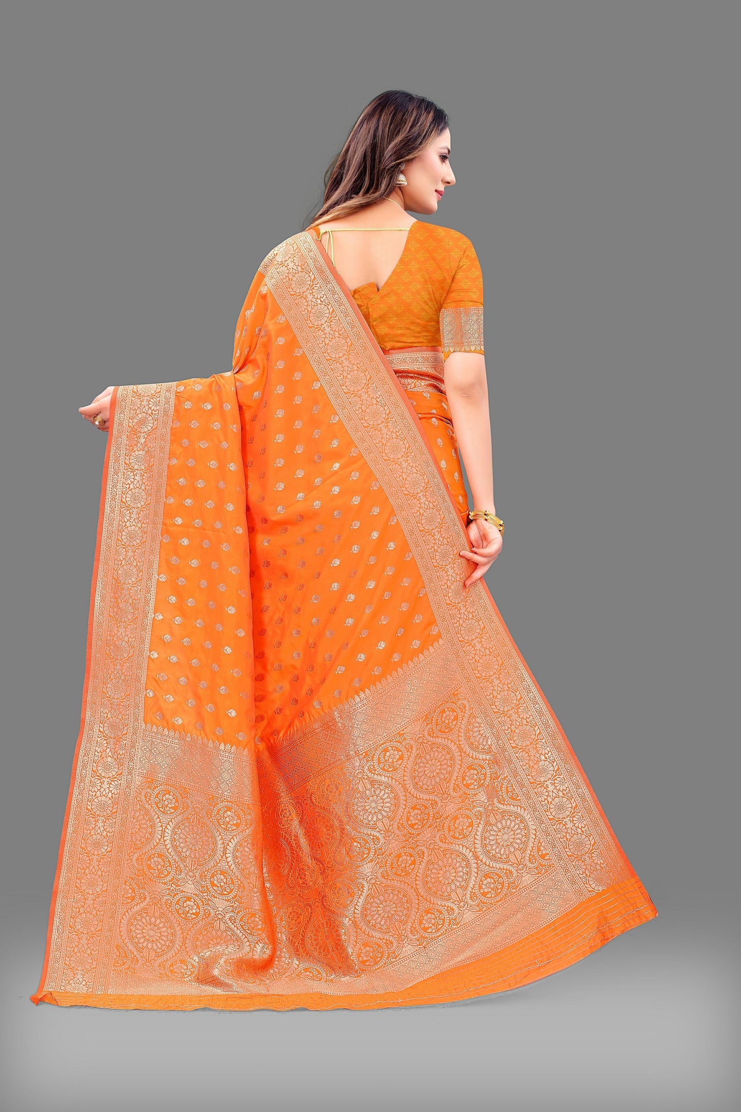 Vedant Vastram Soft Litchi Silk Banarasi Silk Saree - Orange | Swadesiicart