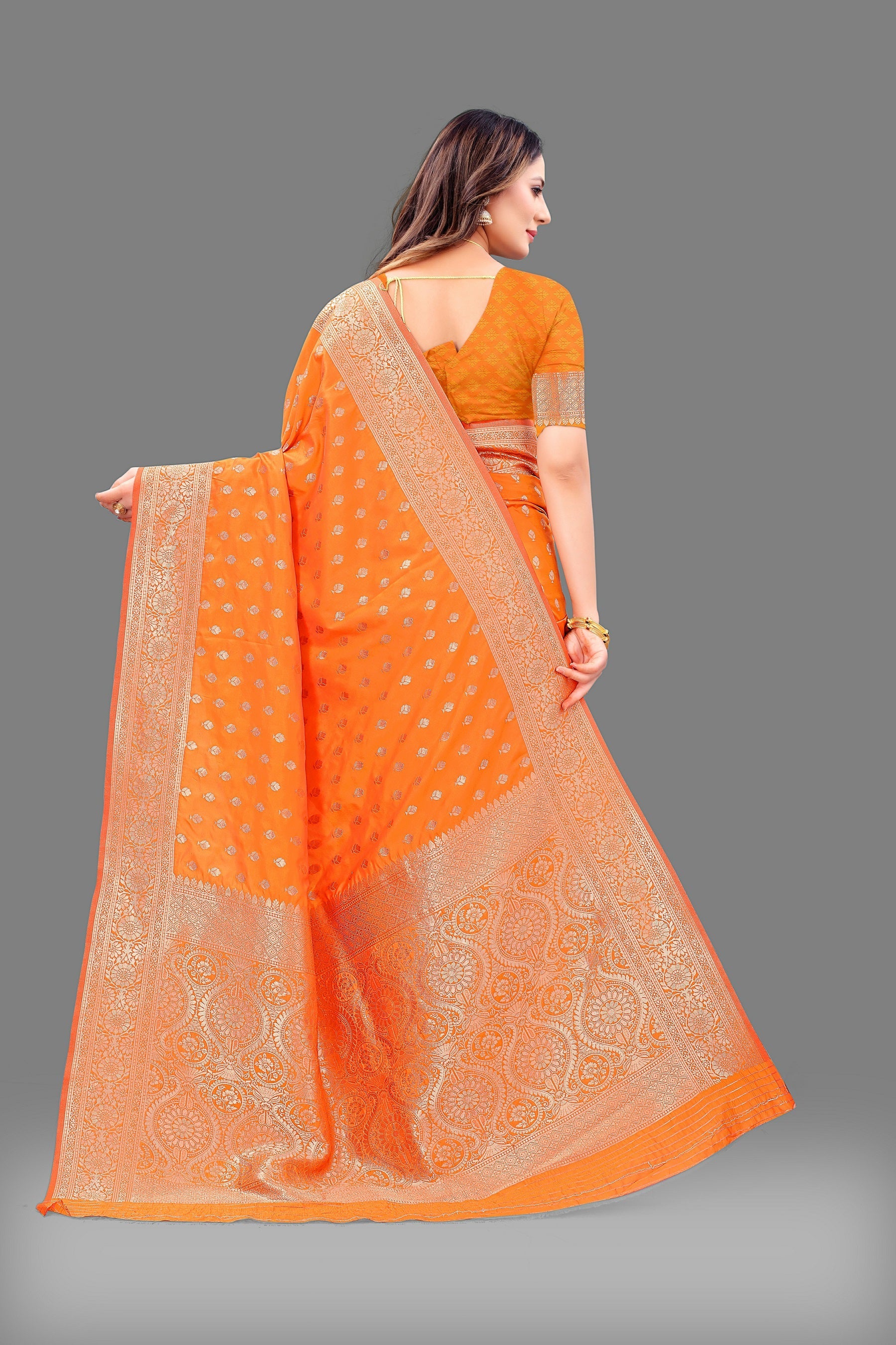 Vedant Vastram Soft Litchi Silk Banarasi Silk Saree - Orange | Swadesiicart