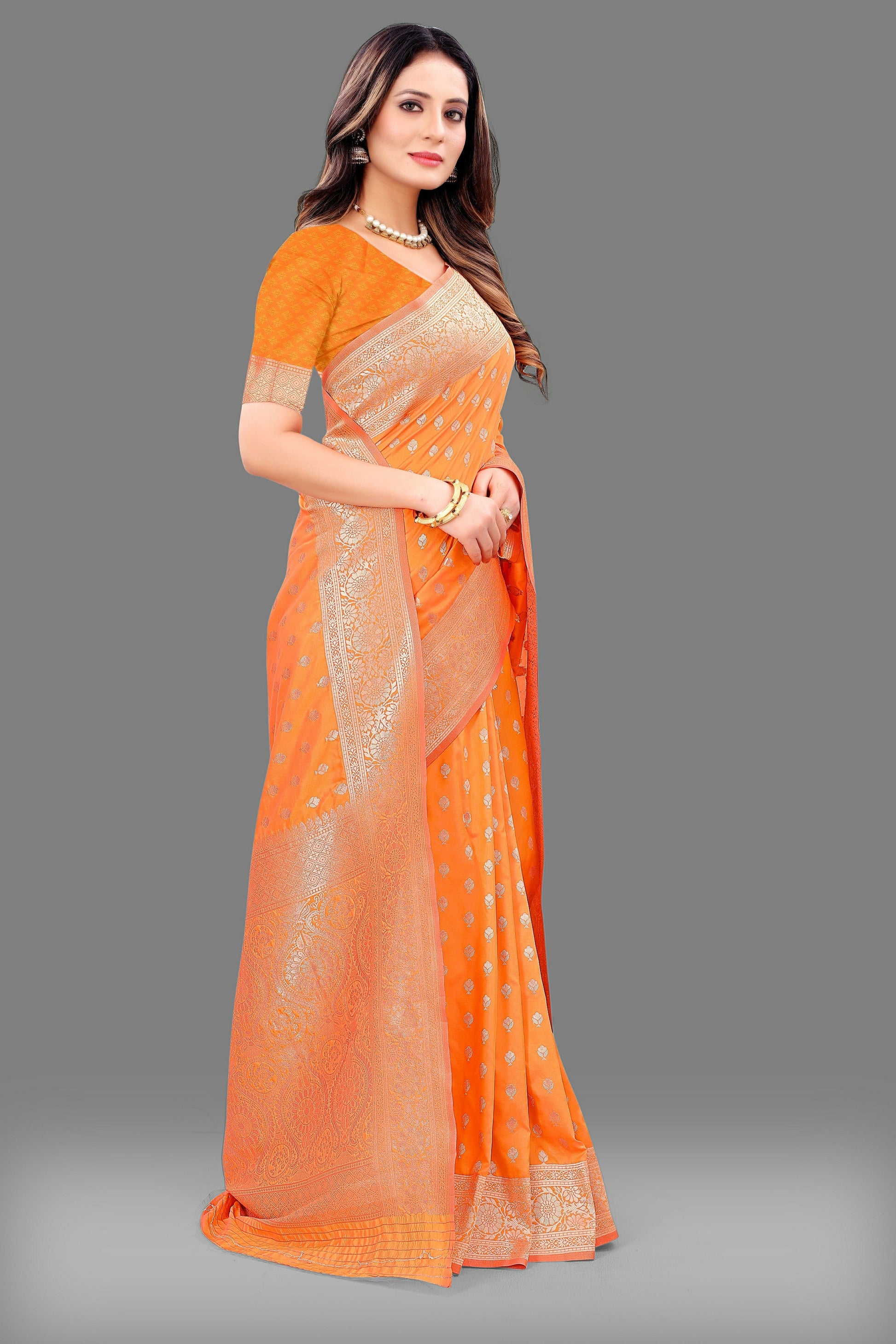 Vedant Vastram Soft Litchi Silk Banarasi Silk Saree - Orange | Swadesiicart