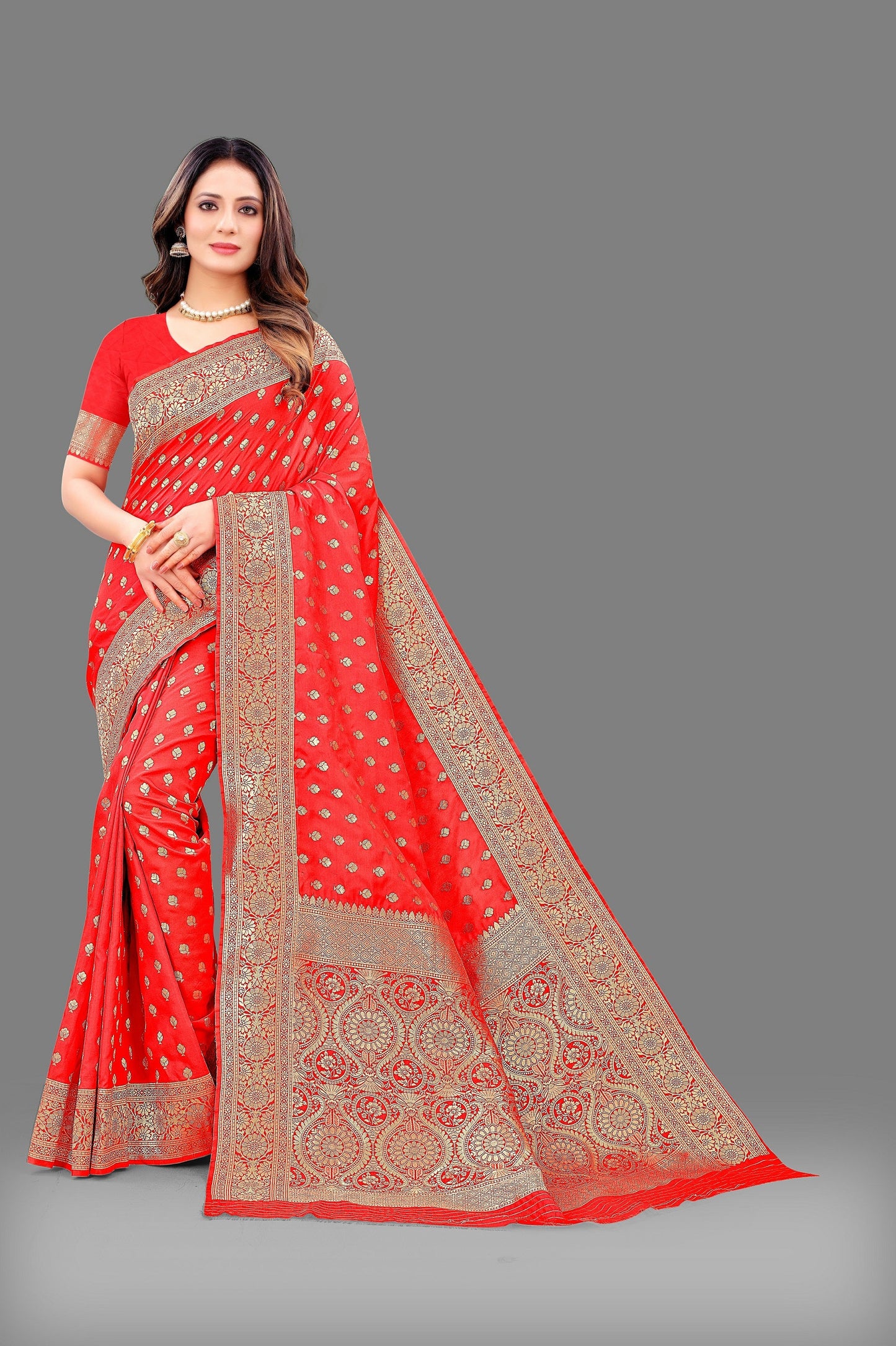 Vedant Vastram Soft Litchi Silk Banarasi Silk Saree - Red | Swadesiicart