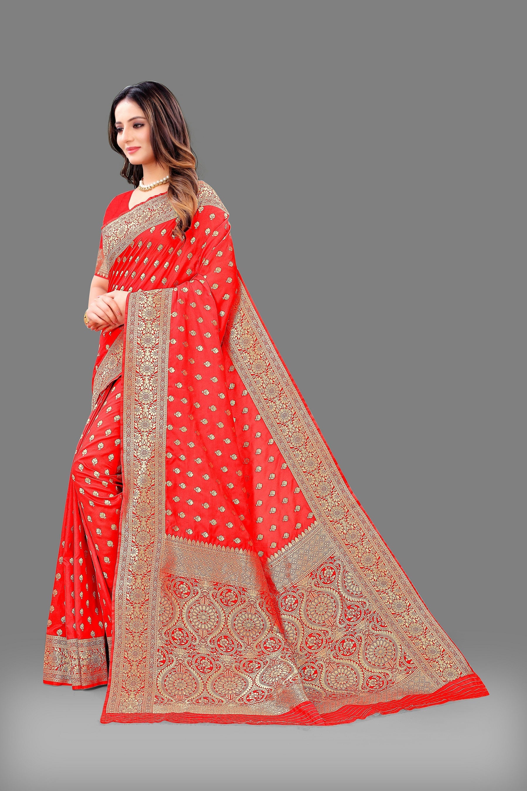 Vedant Vastram Soft Litchi Silk Banarasi Silk Saree - Red | Swadesiicart