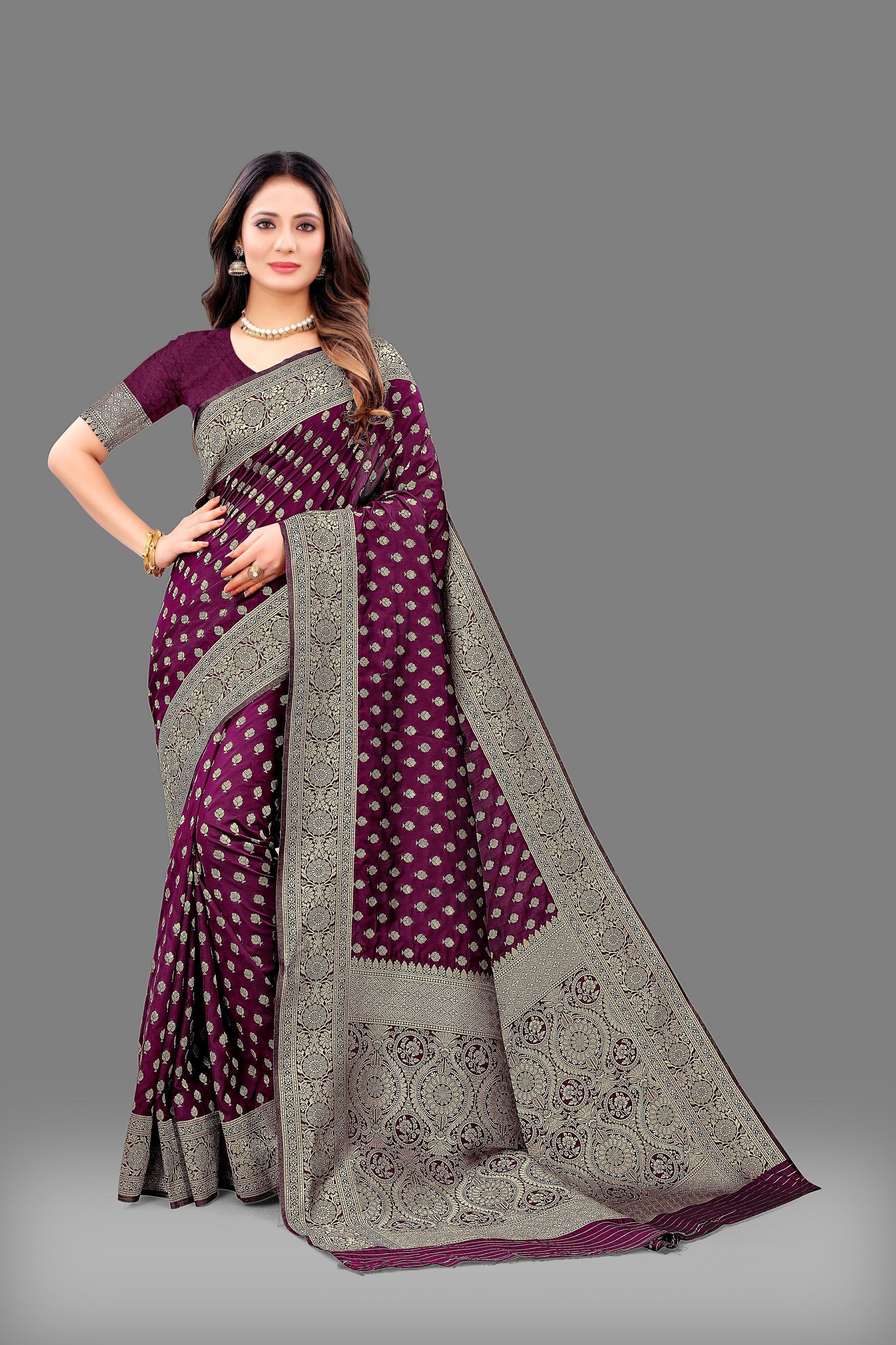 Vedant Vastram Soft Litchi Silk Banarasi Silk Saree - Wine | Swadesiicart