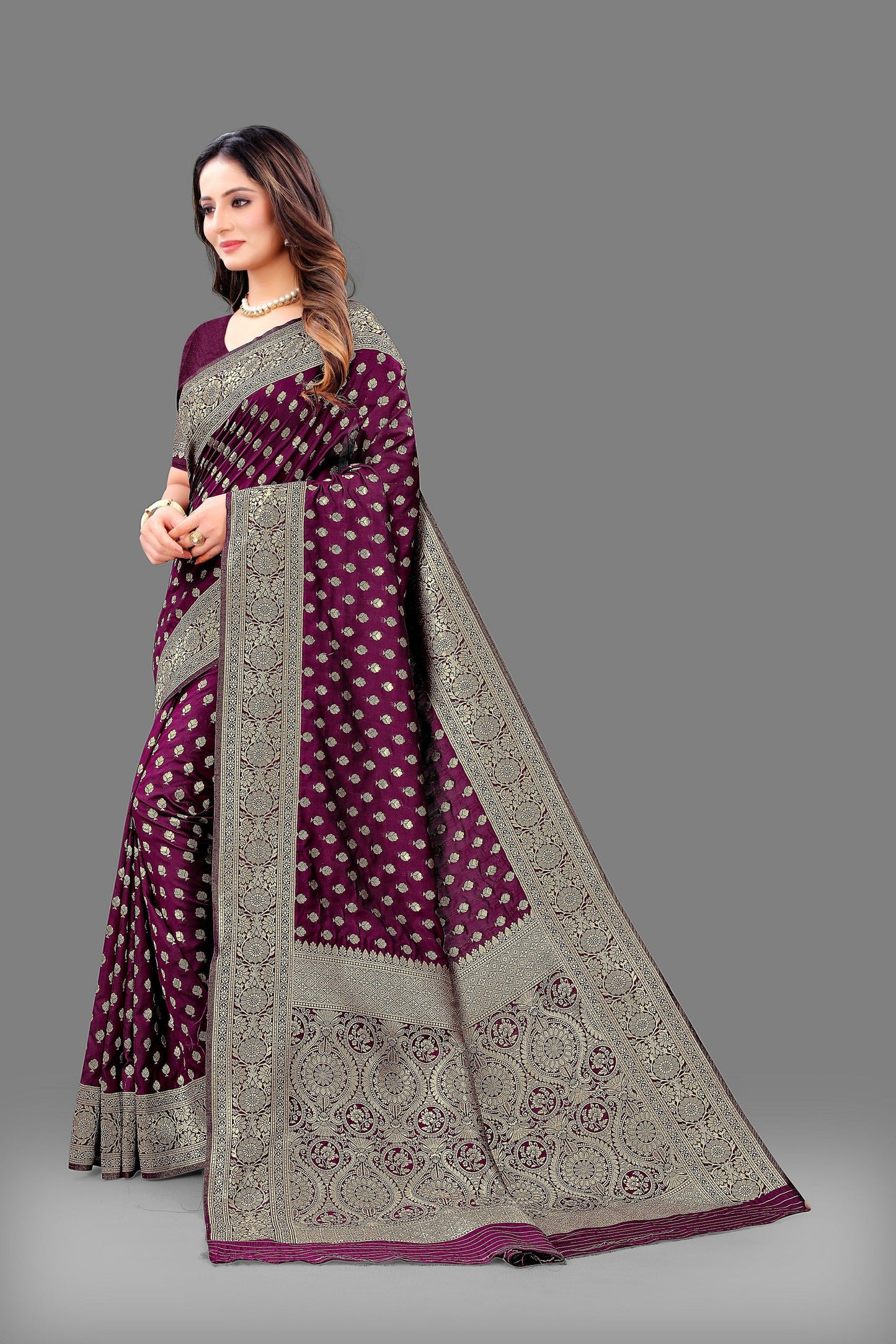 Vedant Vastram Soft Litchi Silk Banarasi Silk Saree - Wine | Swadesiicart