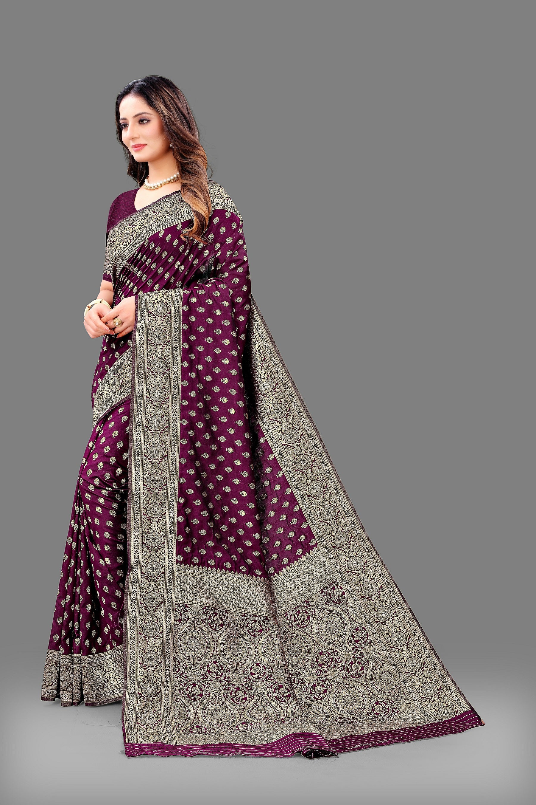 Vedant Vastram Soft Litchi Silk Banarasi Silk Saree - Wine | Swadesiicart