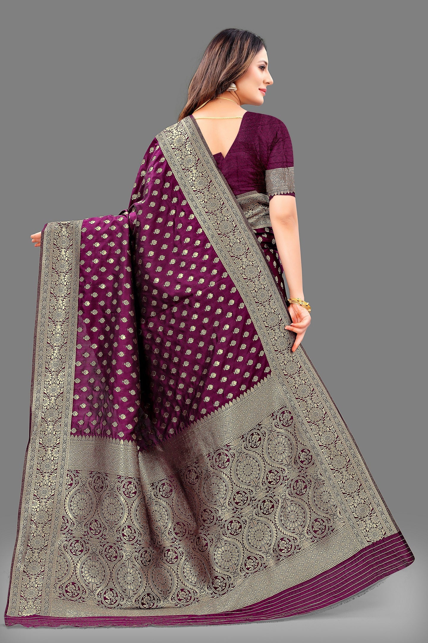 Vedant Vastram Soft Litchi Silk Banarasi Silk Saree - Wine | Swadesiicart