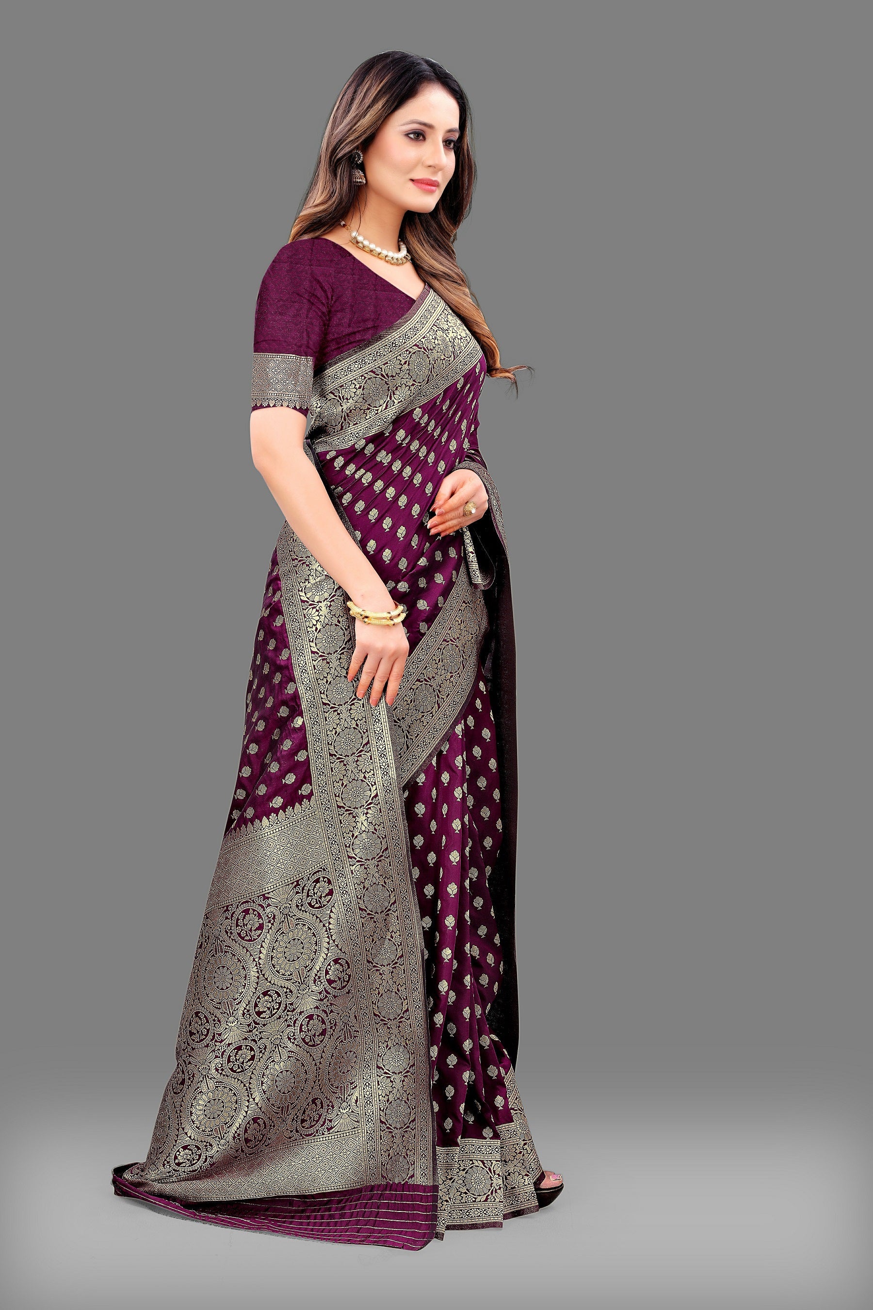 Vedant Vastram Soft Litchi Silk Banarasi Silk Saree - Wine | Swadesiicart
