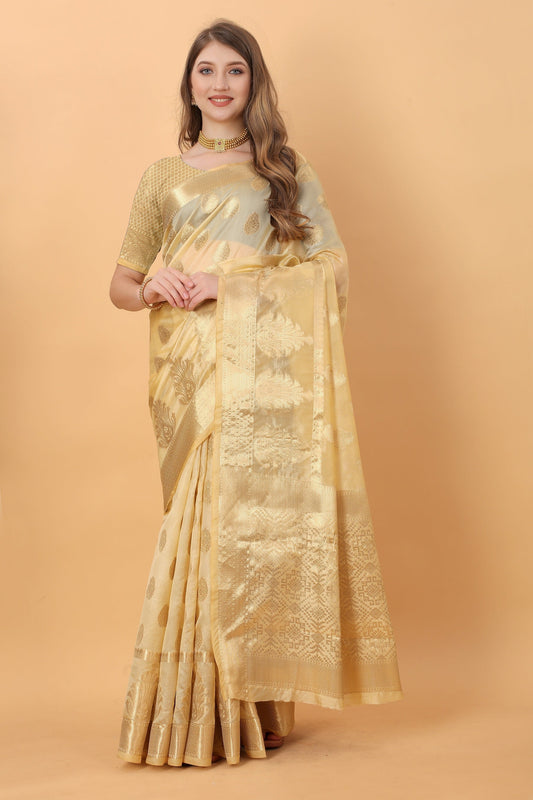 Vedant Vastram Organza Silk Banarasi Silk Saree - Gold | Swadesiicart