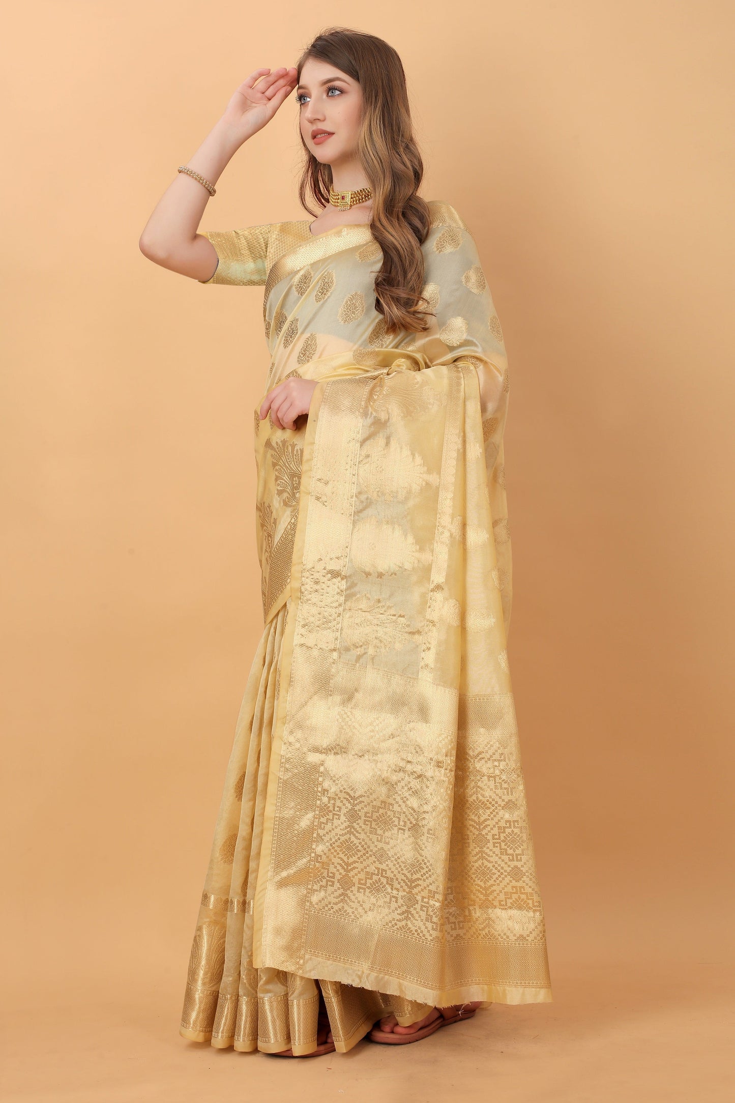 Vedant Vastram Organza Silk Banarasi Silk Saree - Gold | Swadesiicart