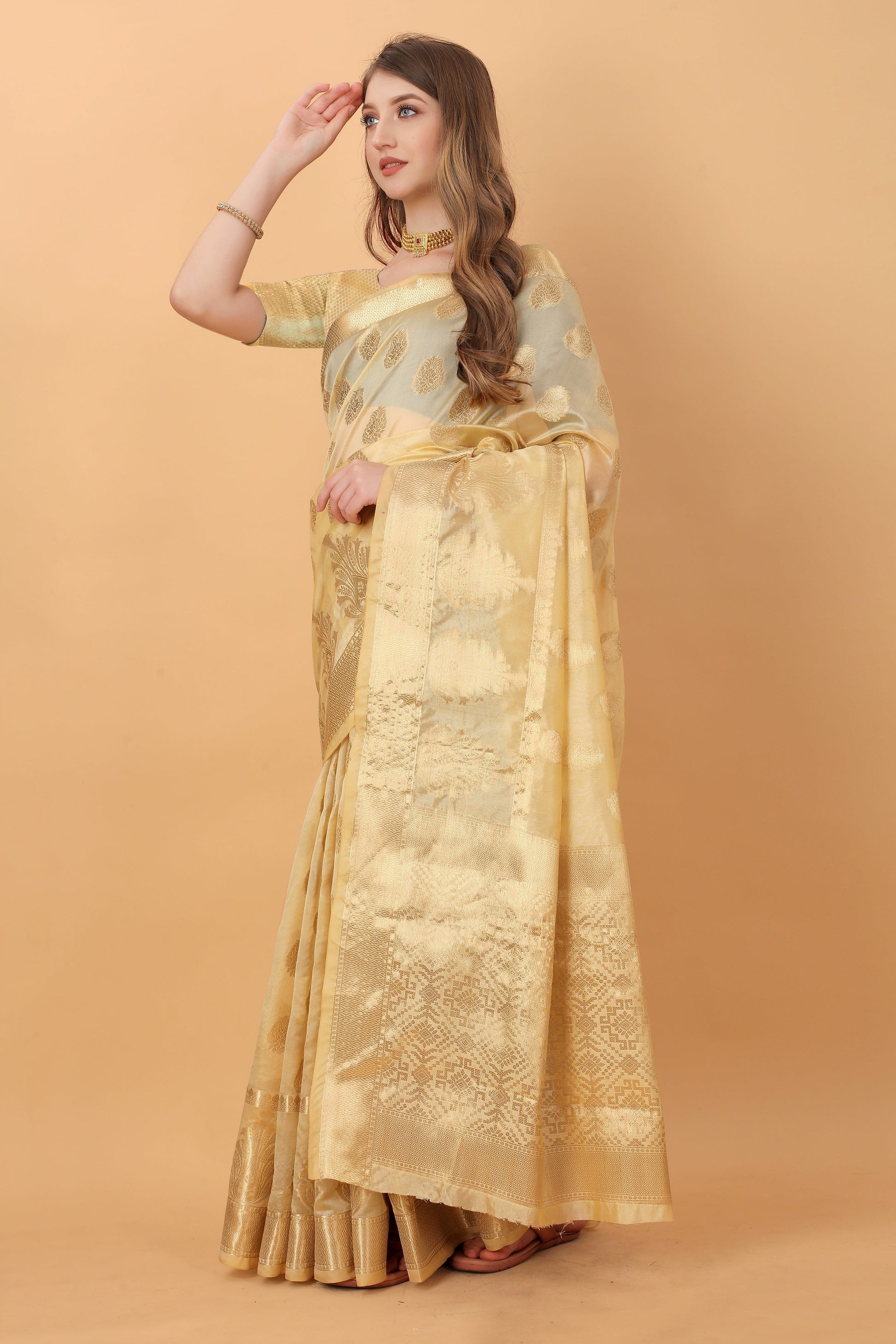 Vedant Vastram Organza Silk Banarasi Silk Saree - Gold | Swadesiicart