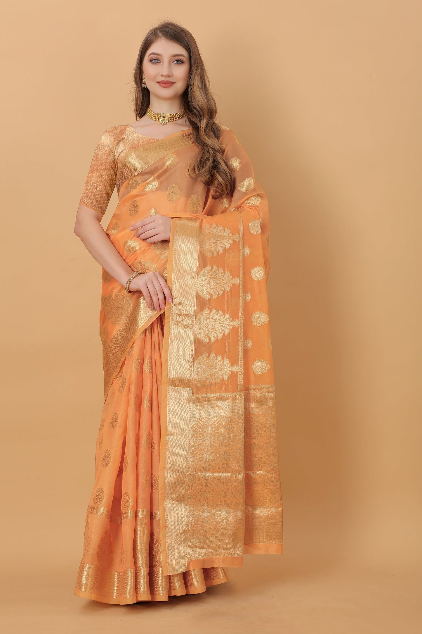 Vedant Vastram Organza Silk Banarasi Silk Saree - Orange | Swadesiicart