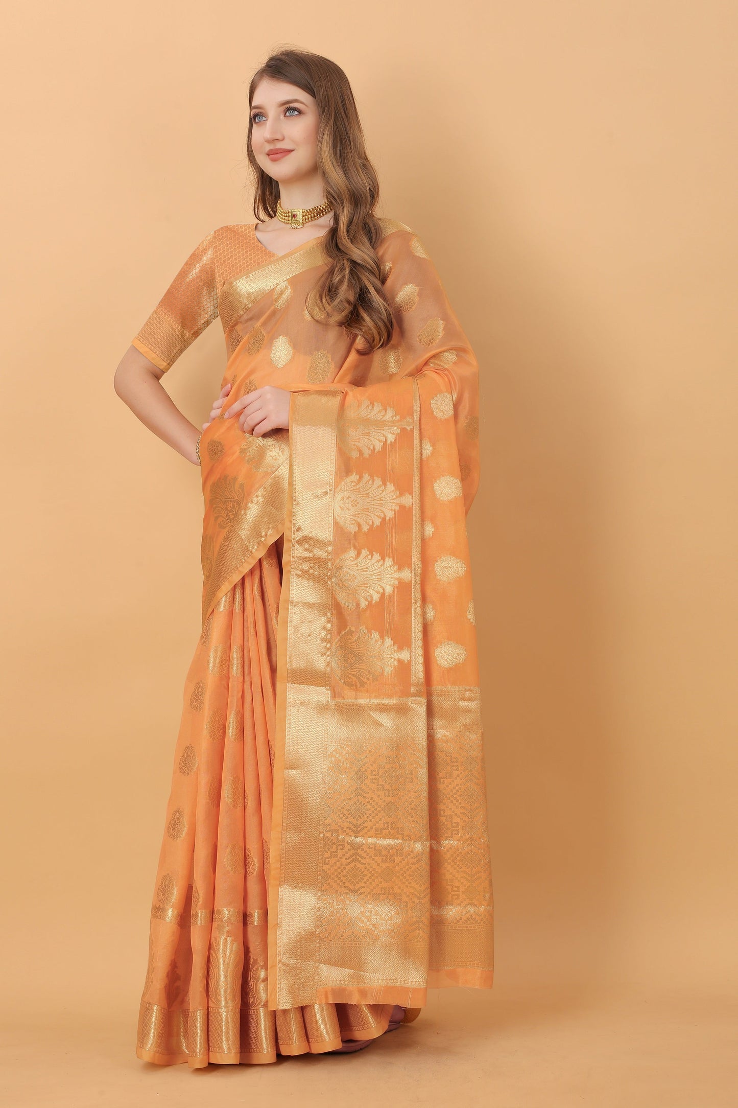 Vedant Vastram Organza Silk Banarasi Silk Saree - Orange | Swadesiicart