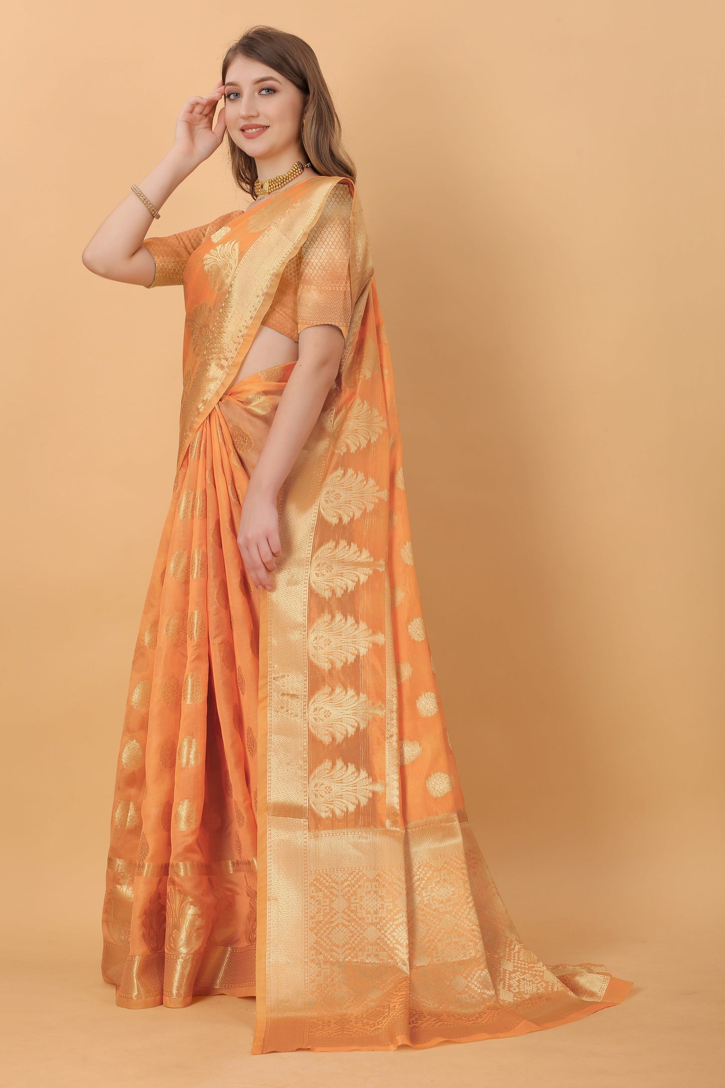 Vedant Vastram Organza Silk Banarasi Silk Saree - Orange | Swadesiicart