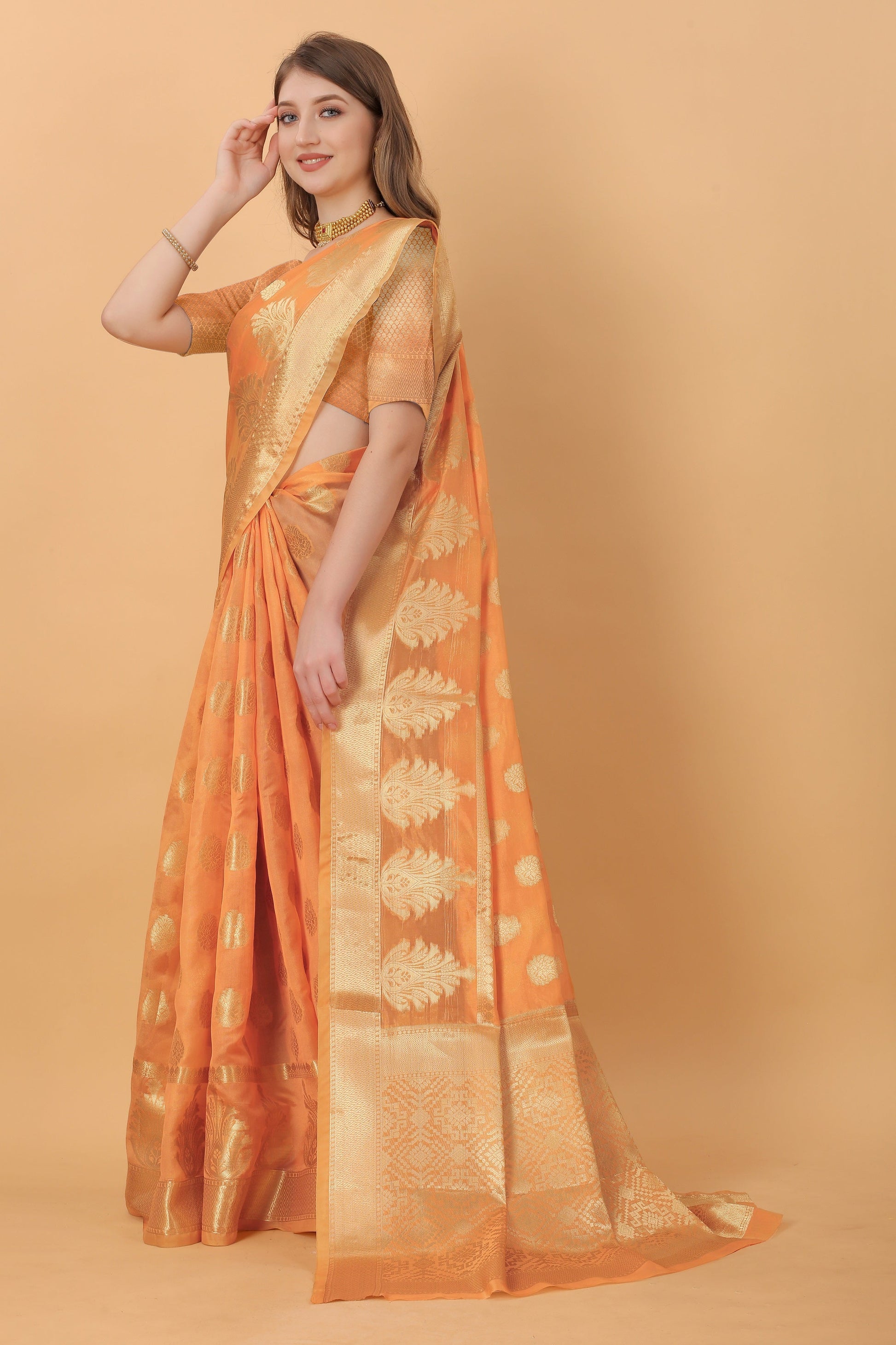 Vedant Vastram Organza Silk Banarasi Silk Saree - Orange | Swadesiicart