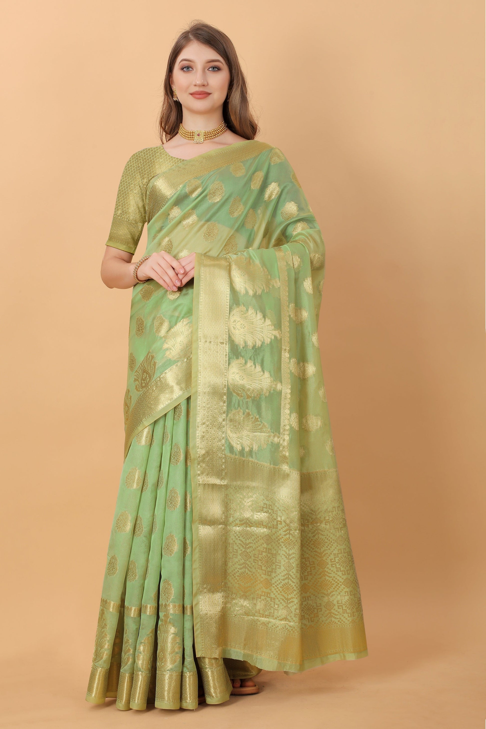 Vedant Vastram Organza Silk Banarasi Silk Saree - Parrot | Swadesiicart