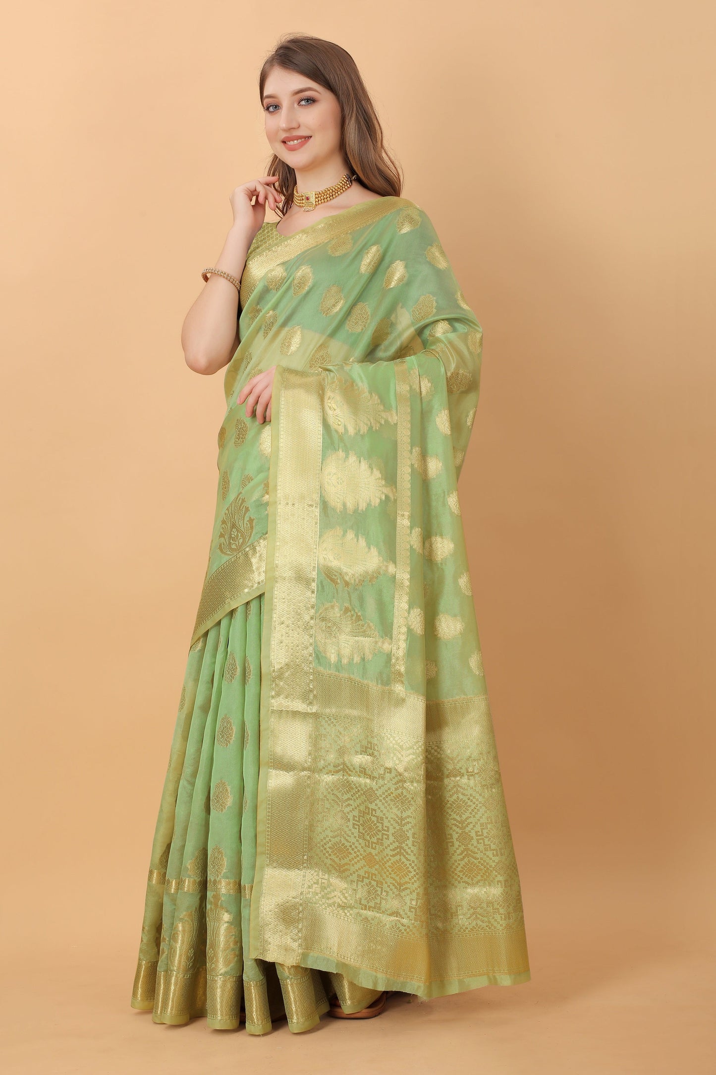 Vedant Vastram Organza Silk Banarasi Silk Saree - Parrot | Swadesiicart