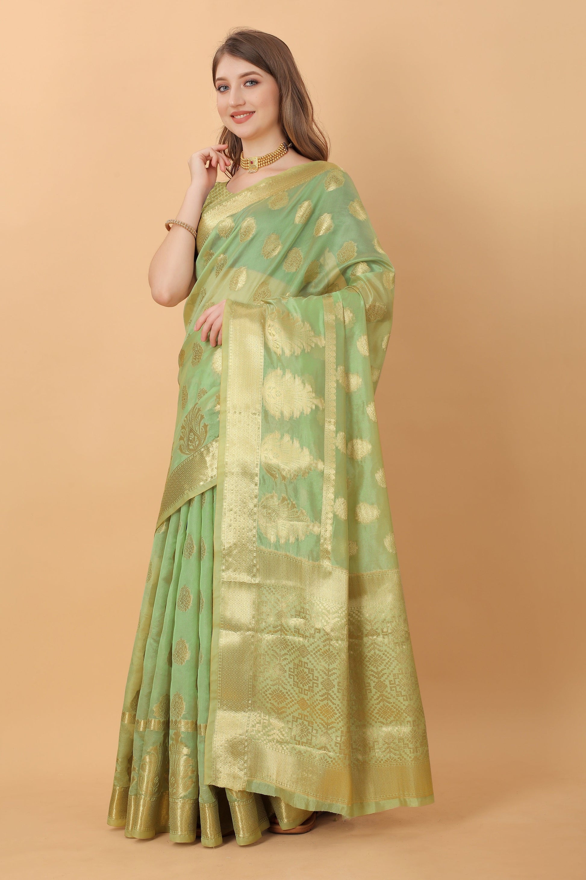 Vedant Vastram Organza Silk Banarasi Silk Saree - Parrot | Swadesiicart