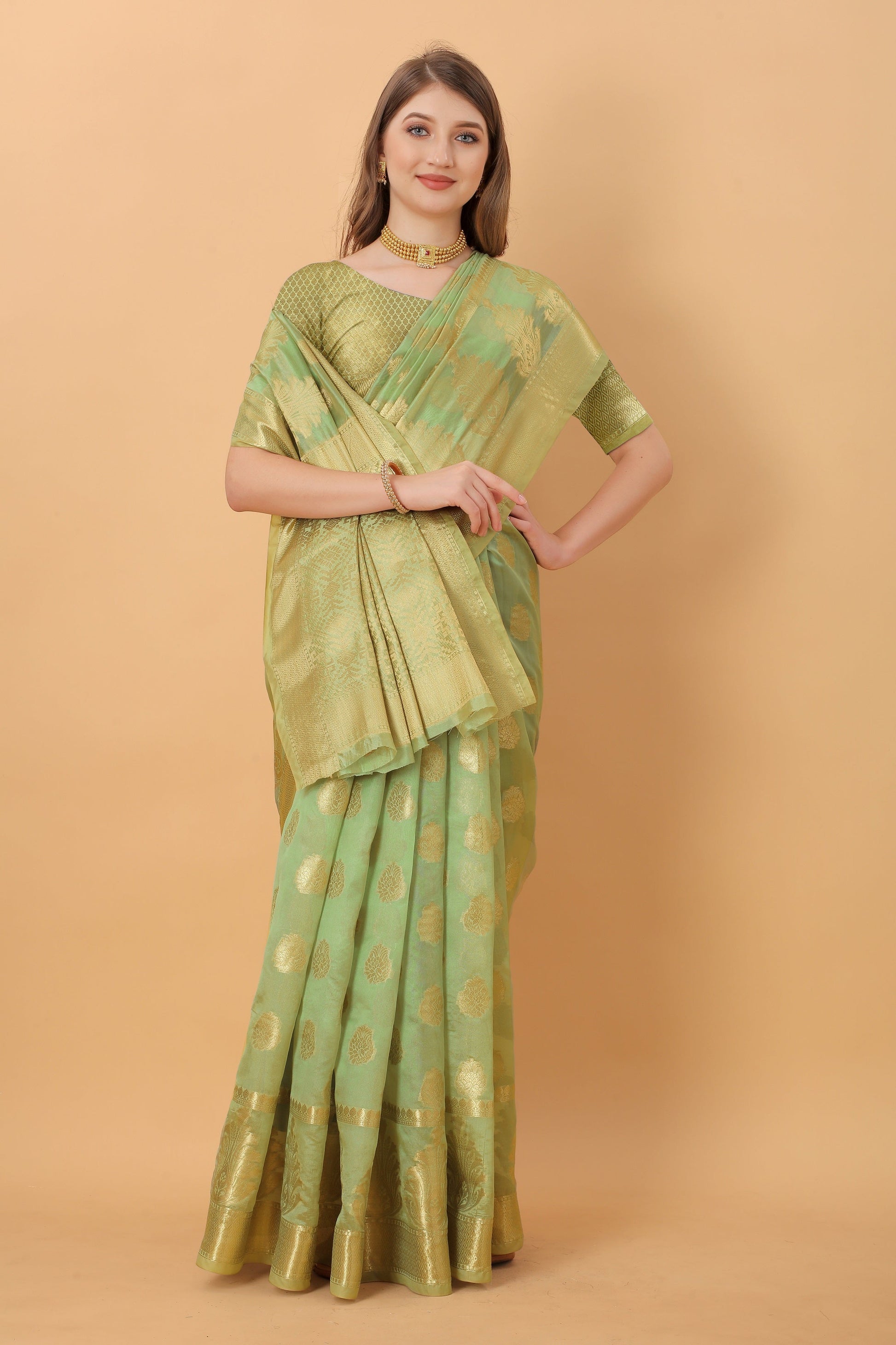 Vedant Vastram Organza Silk Banarasi Silk Saree - Parrot | Swadesiicart