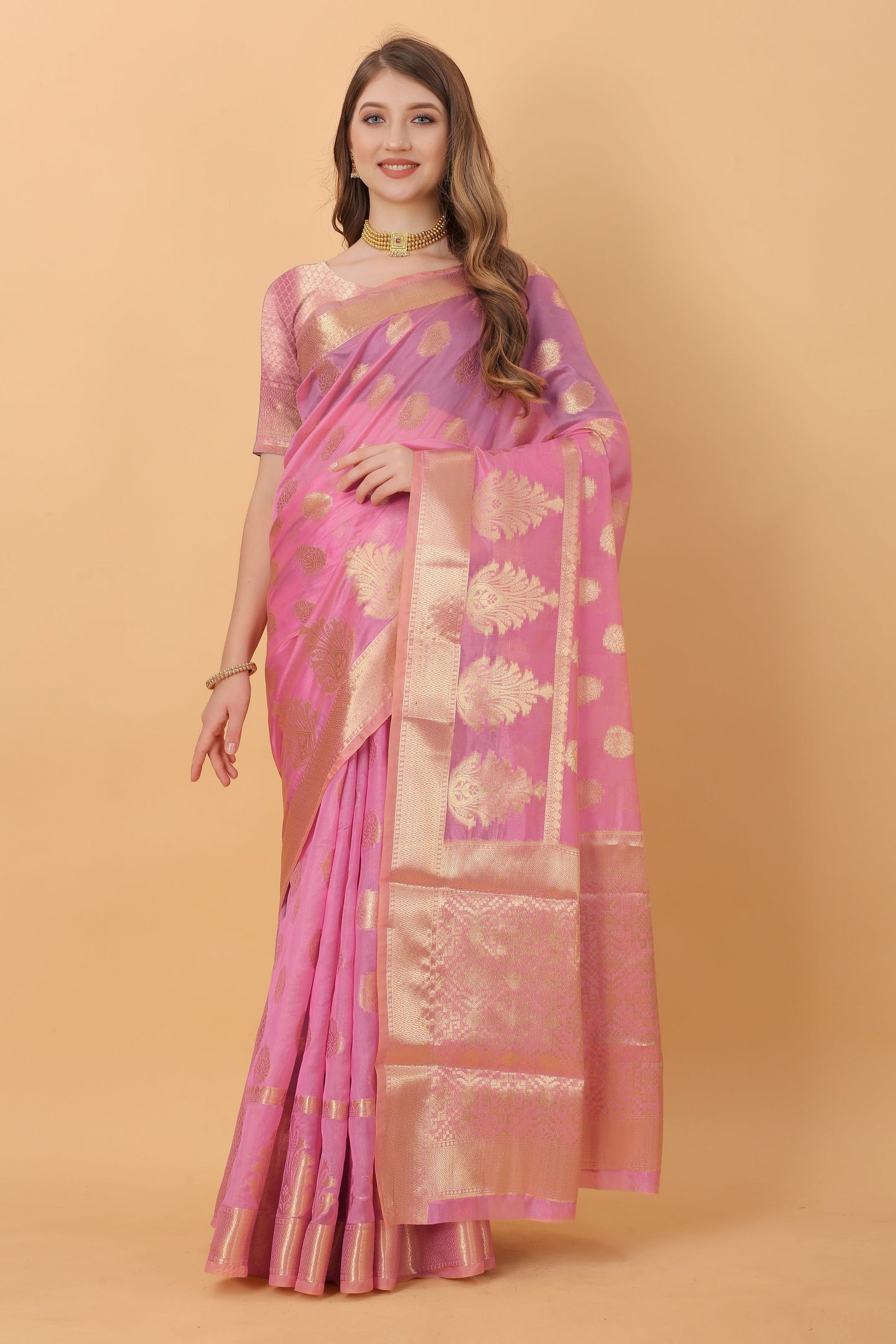 Vedant Vastram Organza Silk Banarasi Silk Saree - Pink | Swadesiicart