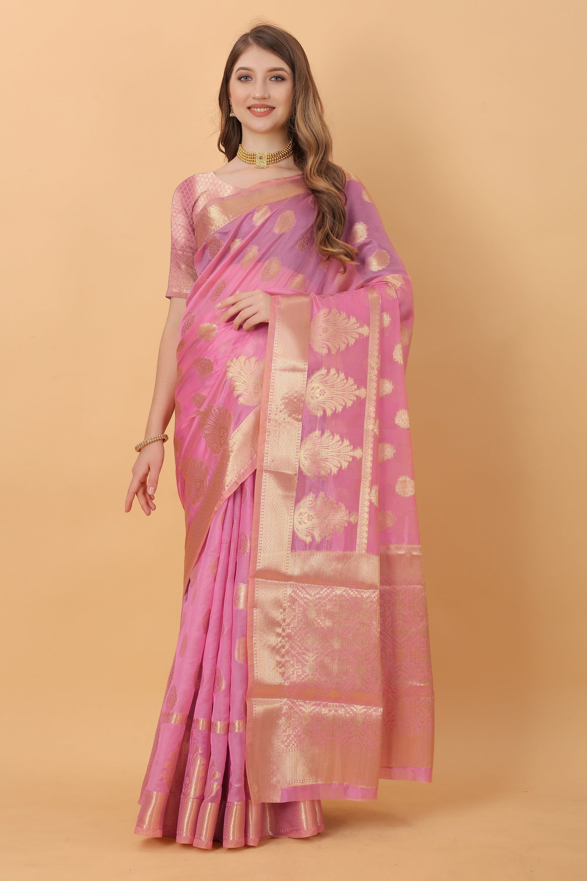 Vedant Vastram Organza Silk Banarasi Silk Saree - Pink | Swadesiicart