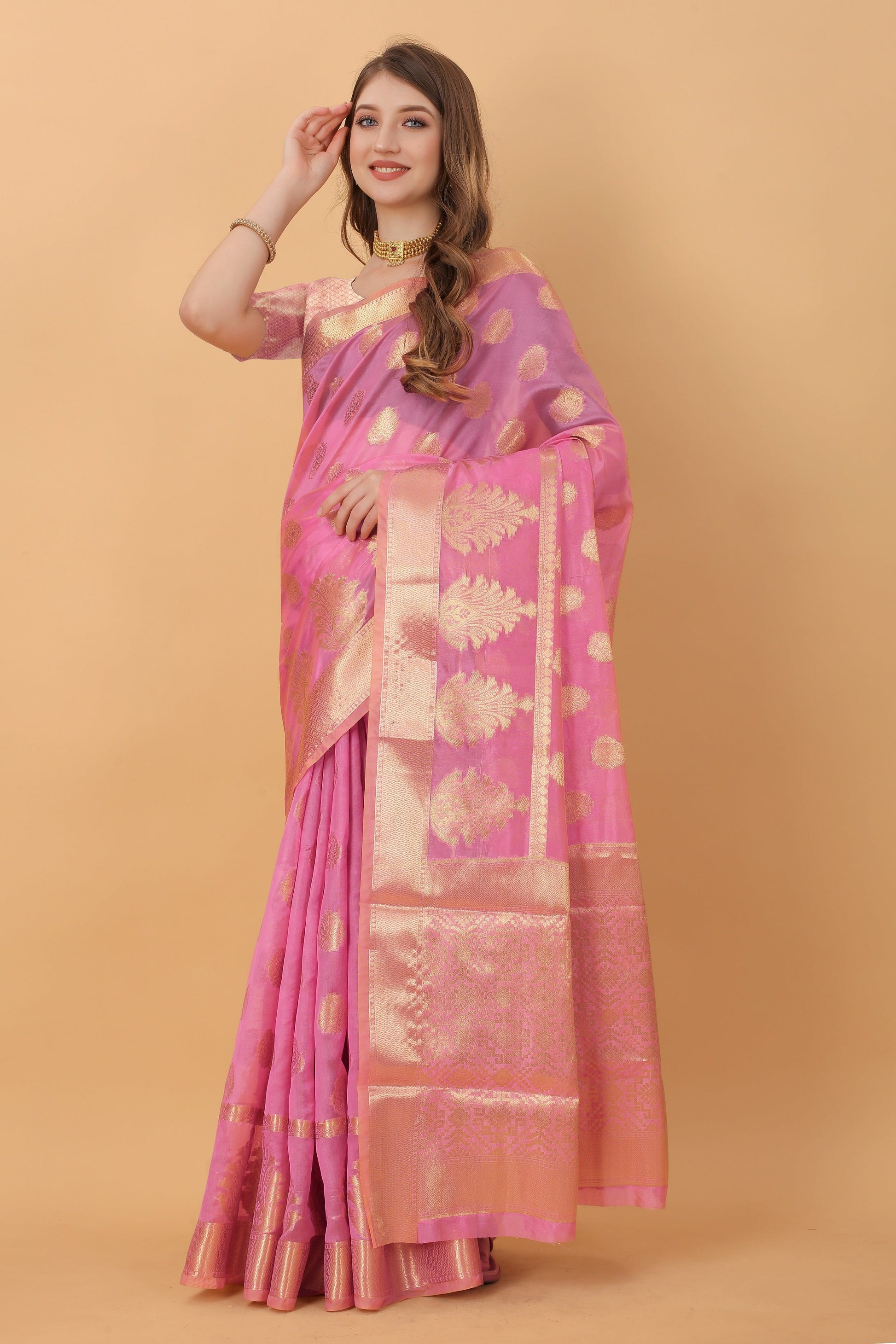 Vedant Vastram Organza Silk Banarasi Silk Saree - Pink | Swadesiicart