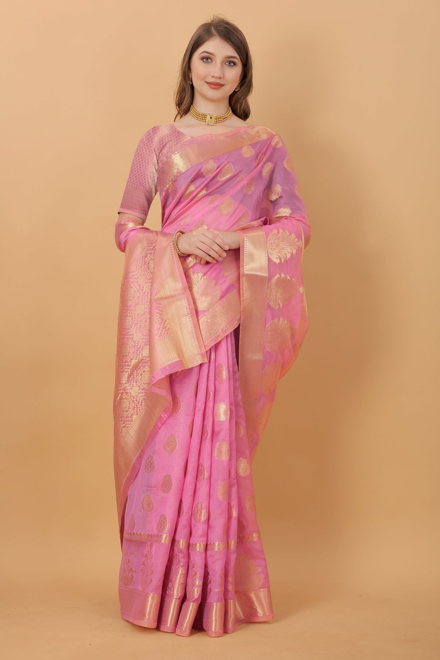 Vedant Vastram Organza Silk Banarasi Silk Saree - Pink | Swadesiicart