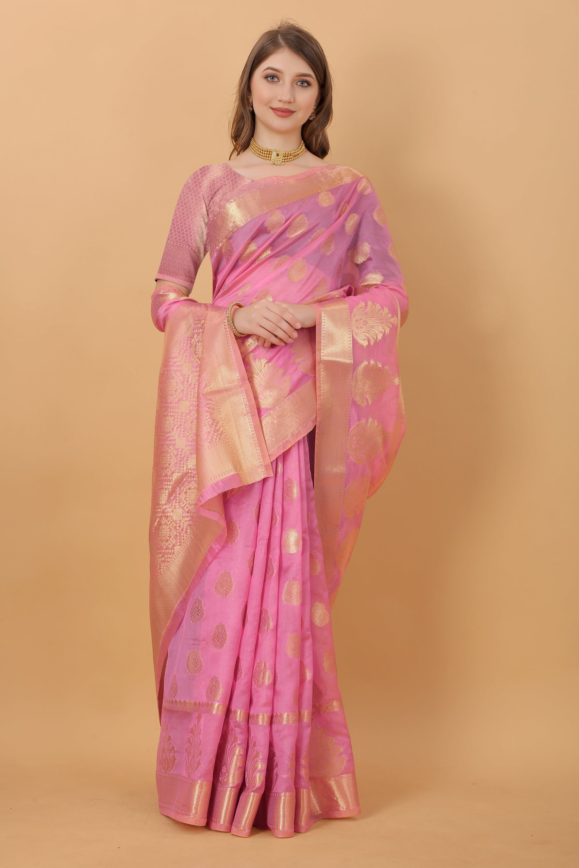 Vedant Vastram Organza Silk Banarasi Silk Saree - Pink | Swadesiicart