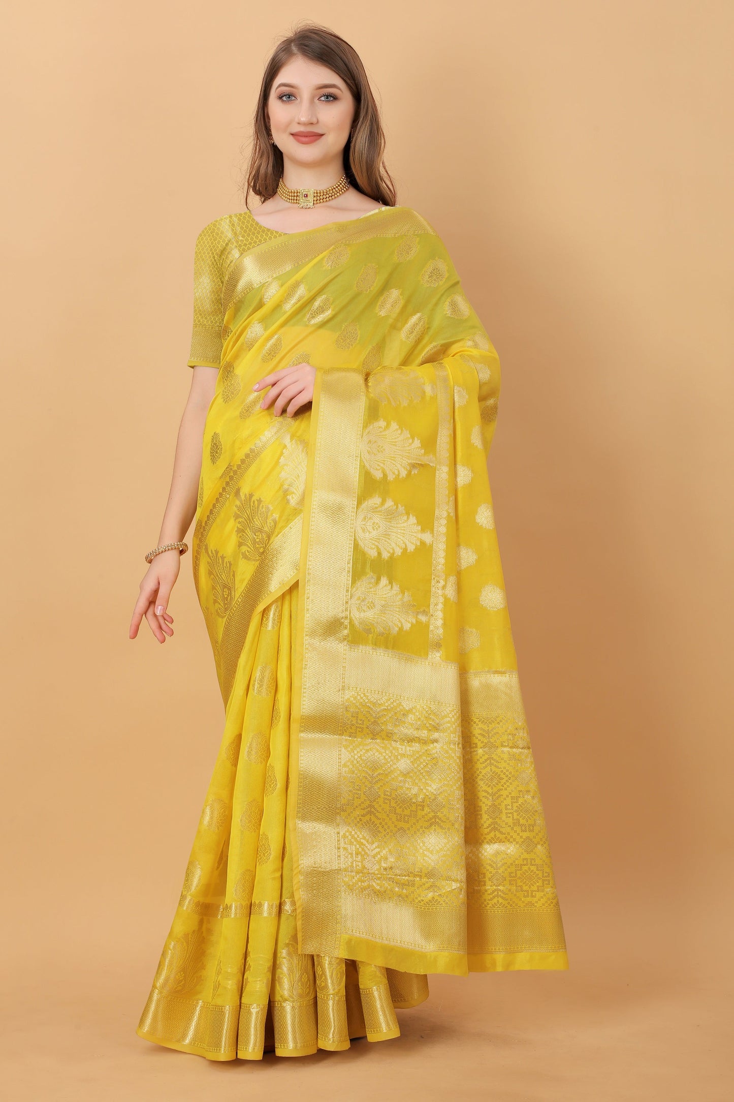 Vedant Vastram Organza Silk Banarasi Silk Saree - Yellow | Swadesiicart
