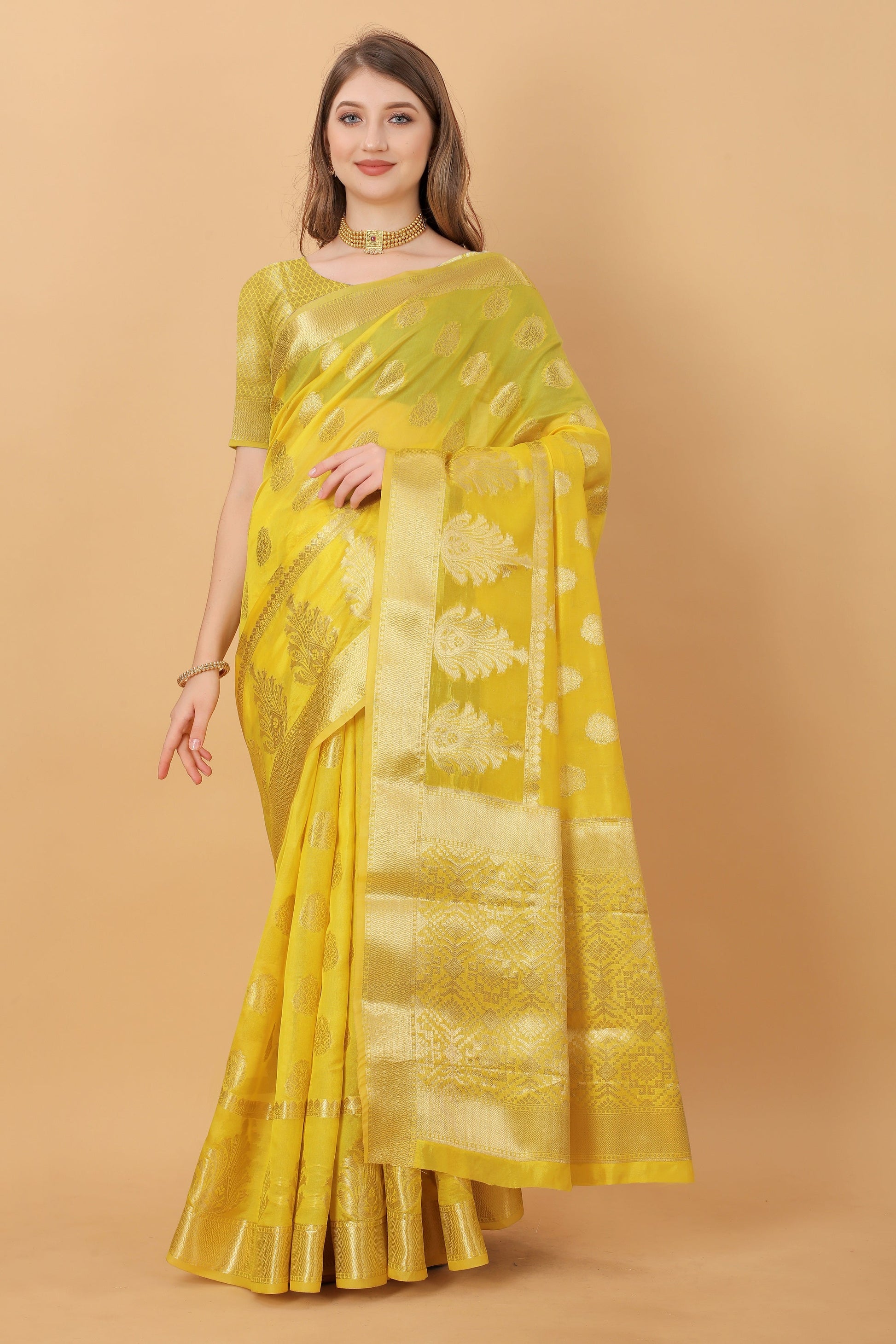 Vedant Vastram Organza Silk Banarasi Silk Saree - Yellow | Swadesiicart