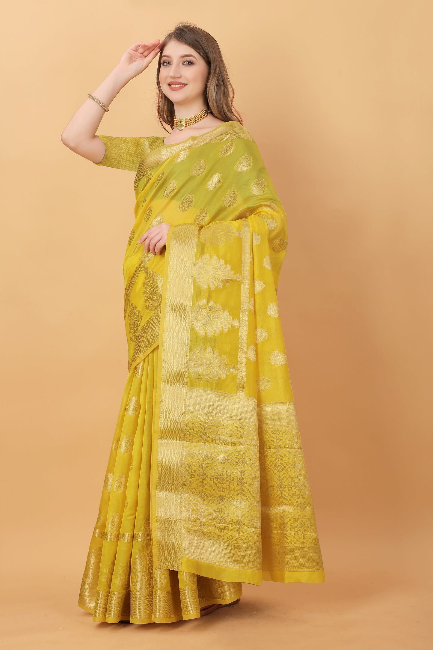 Vedant Vastram Organza Silk Banarasi Silk Saree - Yellow | Swadesiicart