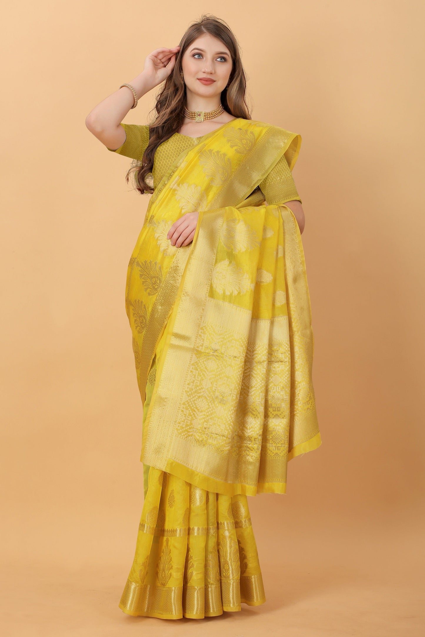 Vedant Vastram Organza Silk Banarasi Silk Saree - Yellow | Swadesiicart