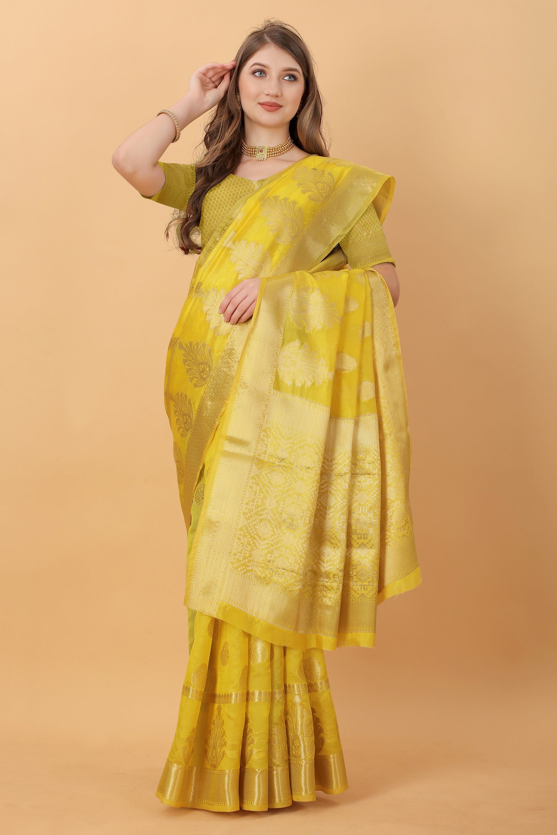 Vedant Vastram Organza Silk Banarasi Silk Saree - Yellow | Swadesiicart
