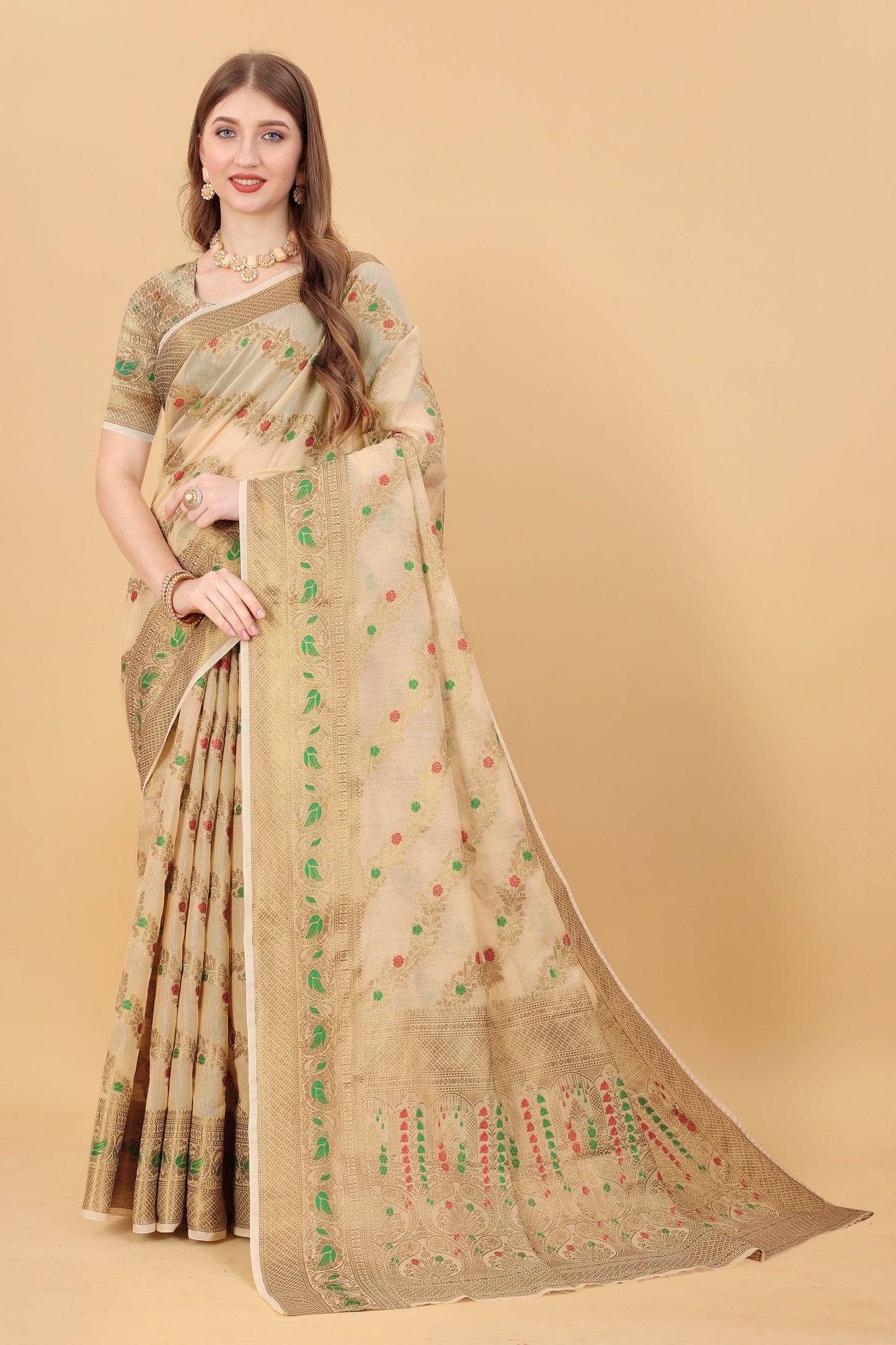 Vedant Vastram Soft Cotton Silk Banarasi Silk Saree - Beige | Swadesiicart